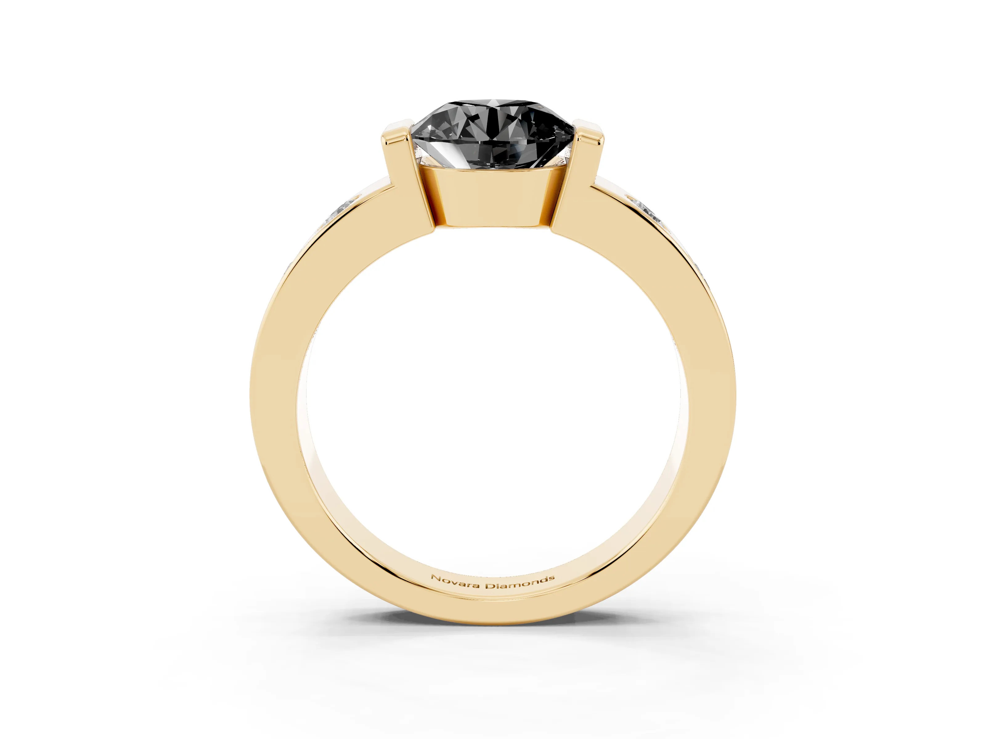 Fancy Black Round Cut Diamond Channel-Set Band Ring Set in Yellow gold with Bezel Prong Setting