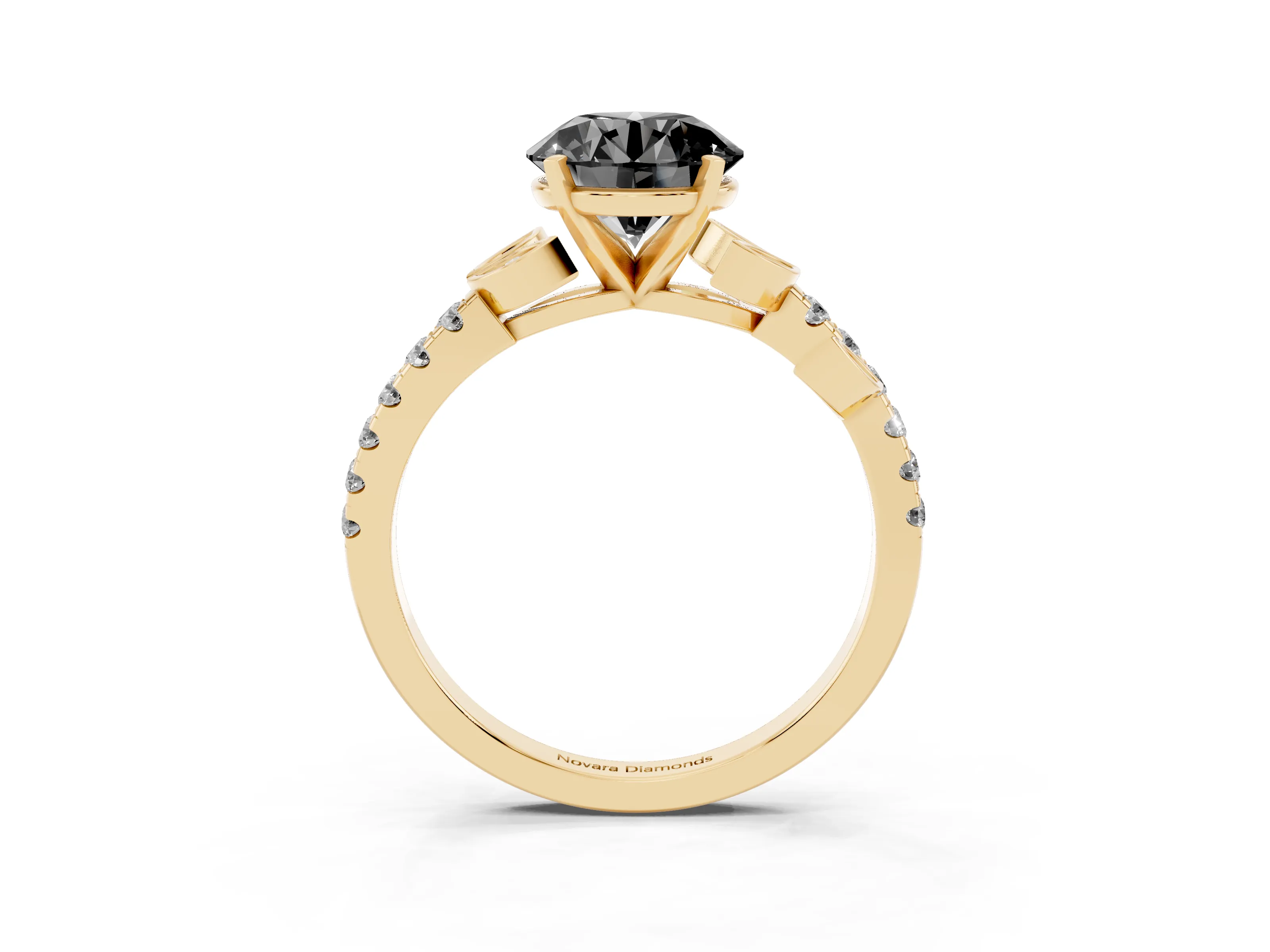 Fancy Black Round Cut Diamond Solitaire Leaf-Inspired Ring Set in Yellow gold with Pavé Band and Prong Setting