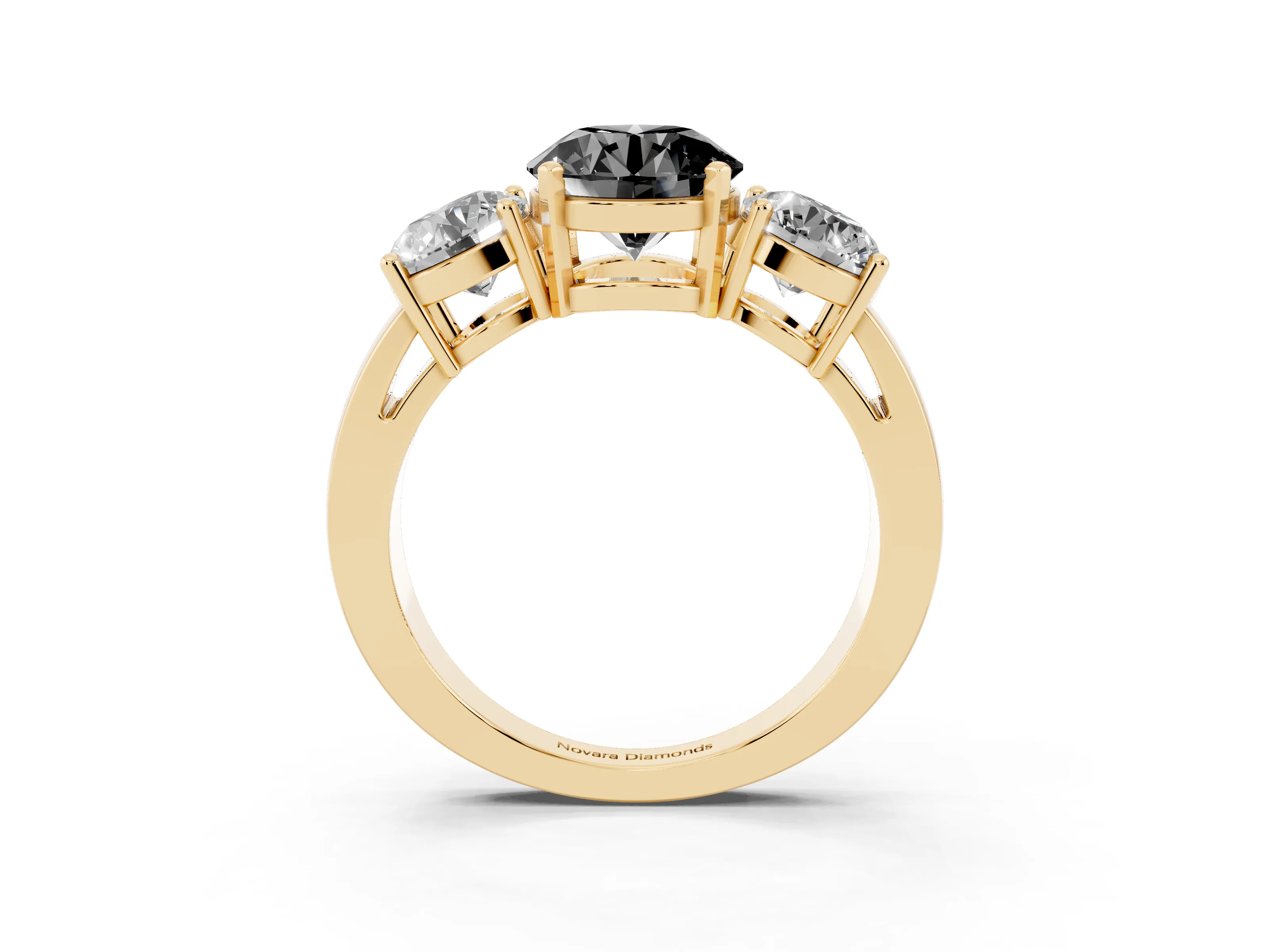Fancy Black Round Cut Diamond Three-Stone Ring Set in Yellow gold with Round Side Stones and Classic Band