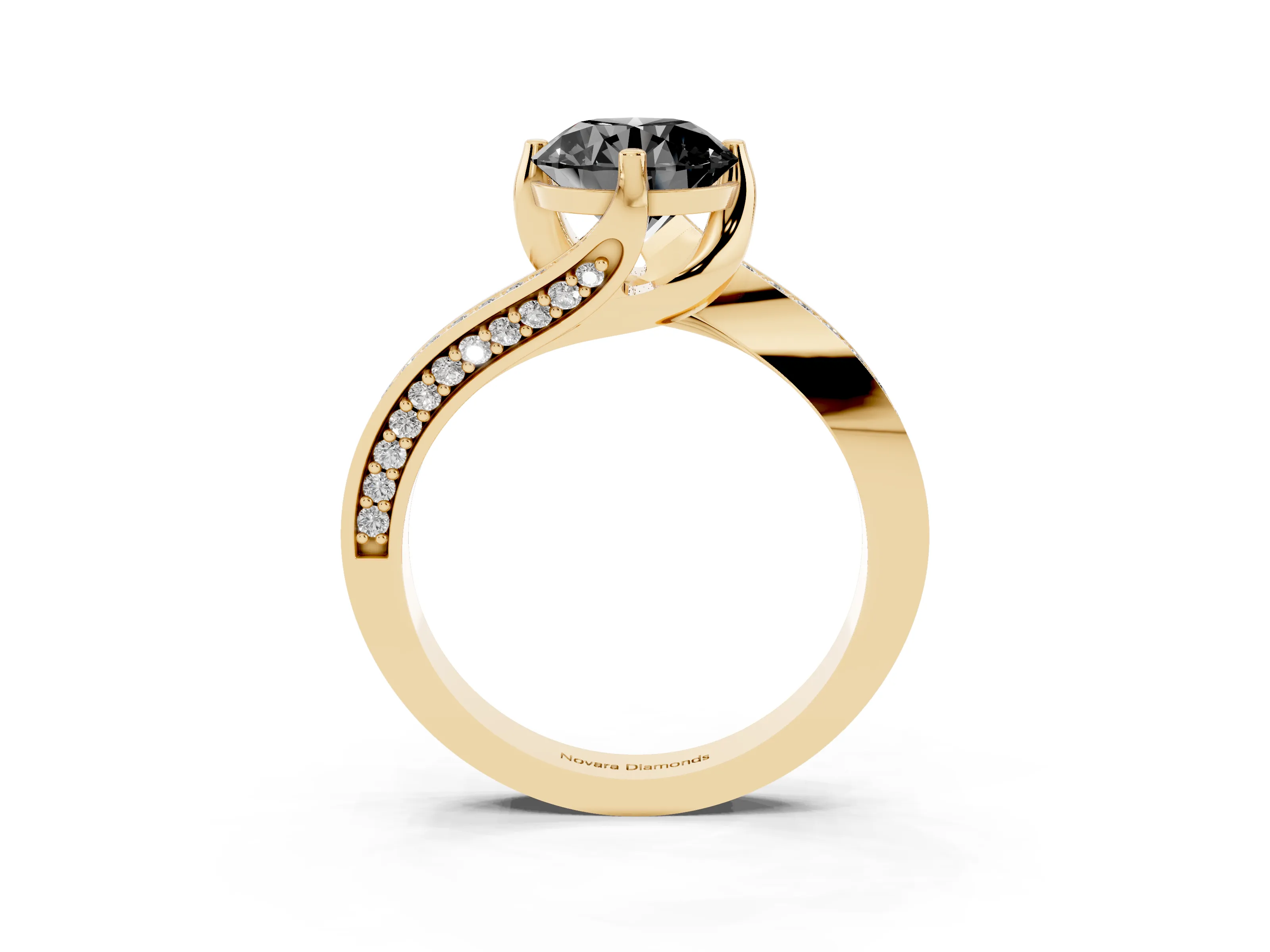 Fancy Black Round Cut Diamond Solitaire Ring Set in Yellow gold with Intertwined Pavé Twist Band