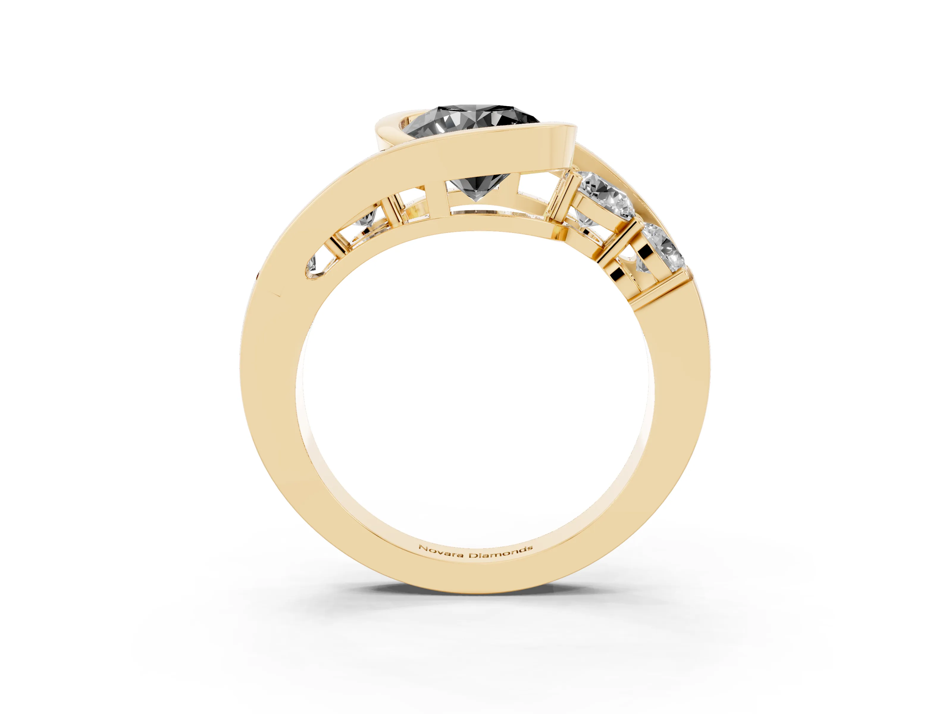 Fancy Black Round Cut Diamond Bezel Bypass Ring Set in Yellow gold with Round Accents