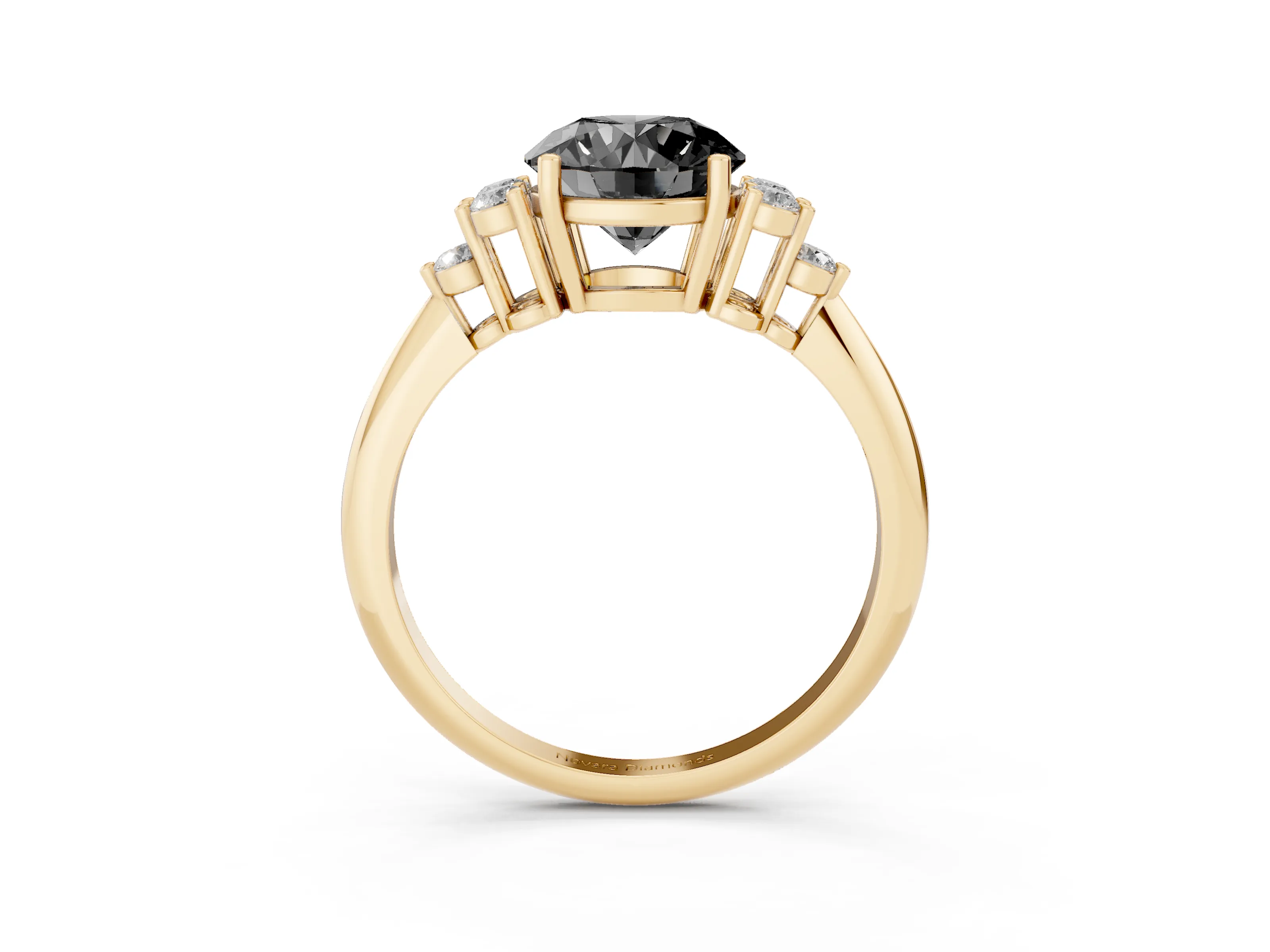 Fancy Black Round Cut Diamond Cluster Ring Set in Yellow gold with Plain Band and Prong Setting