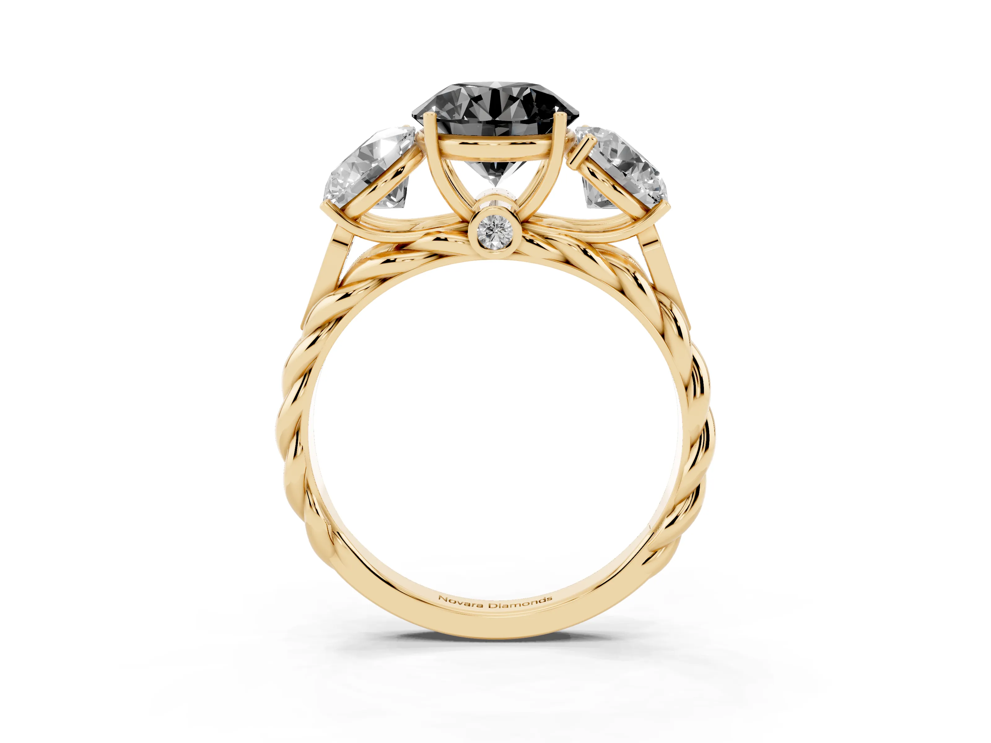 Fancy Black Round Cut Diamond Three-Stone Ring Set in Yellow gold with Braided Band