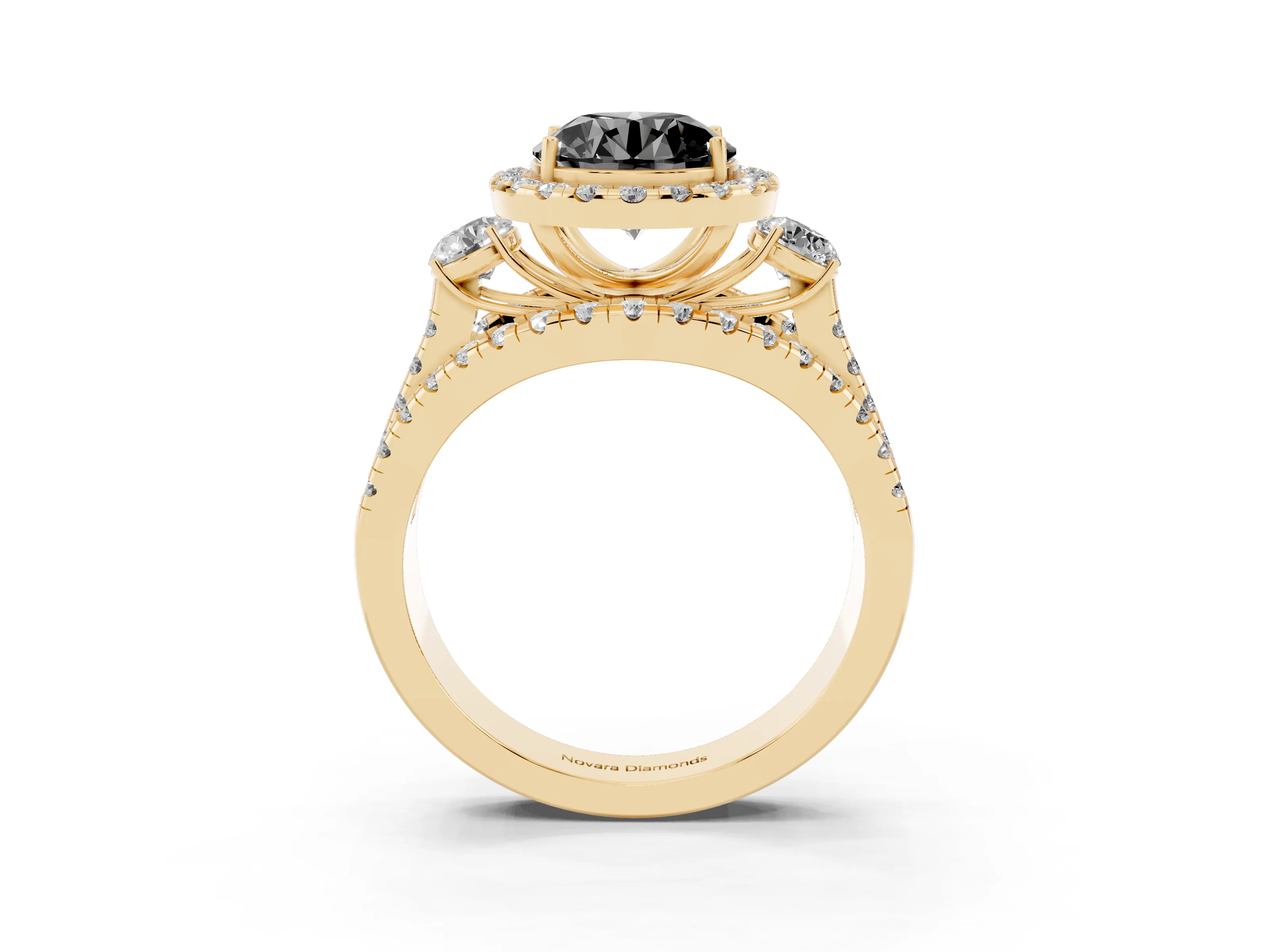 Fancy Black Round Cut Diamond Halo Split Shank Ring Set in Yellow gold with Round Accent Stones and Prong Setting