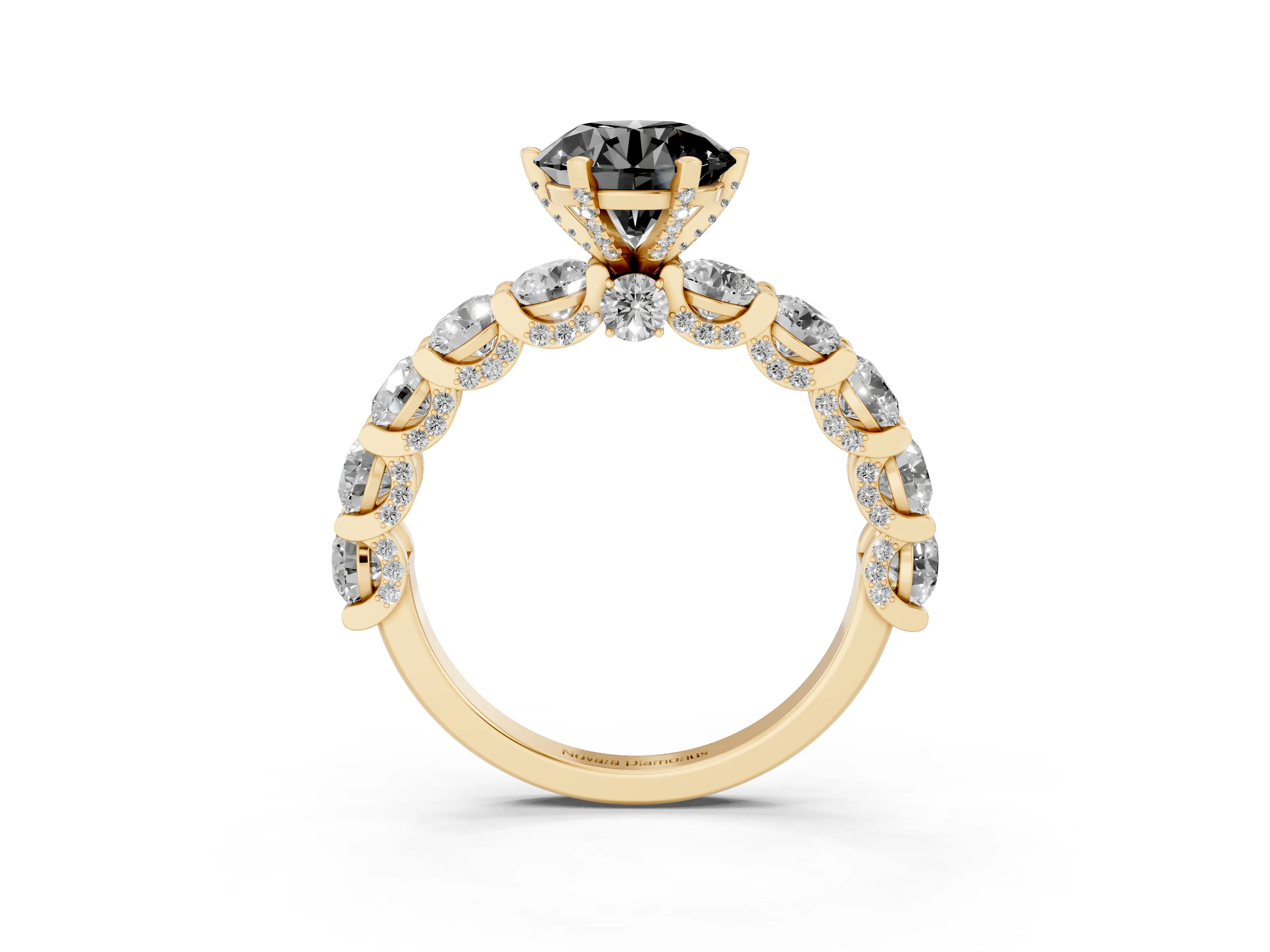 Fancy Black Round Cut Diamond Side Stone Ring Set in Yellow gold with Alternating Round and Oval Side Stones
