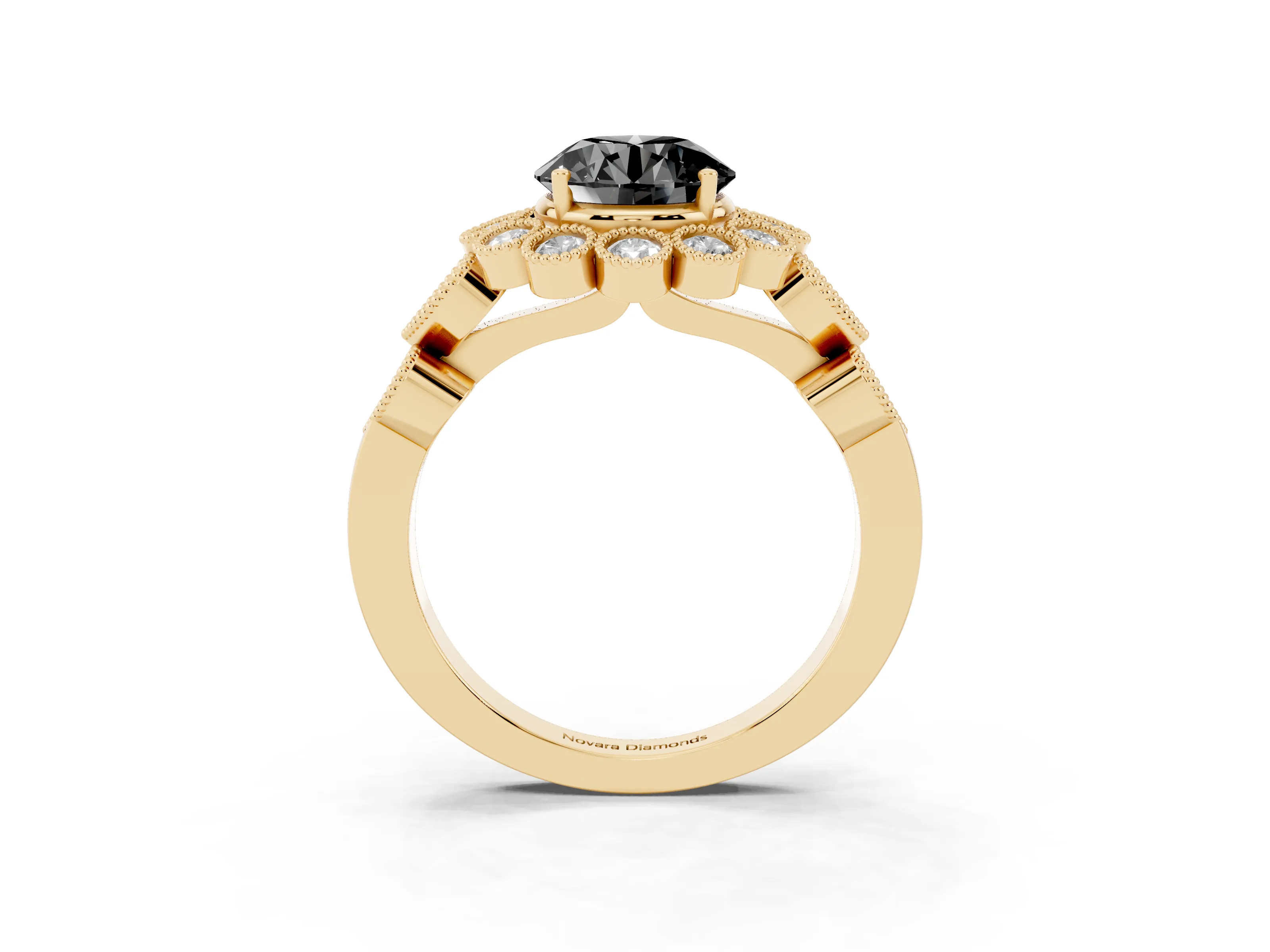 Fancy Black Round Cut Diamond Solitaire Ring Set in Yellow gold with Milgrain Pavé Heart Band