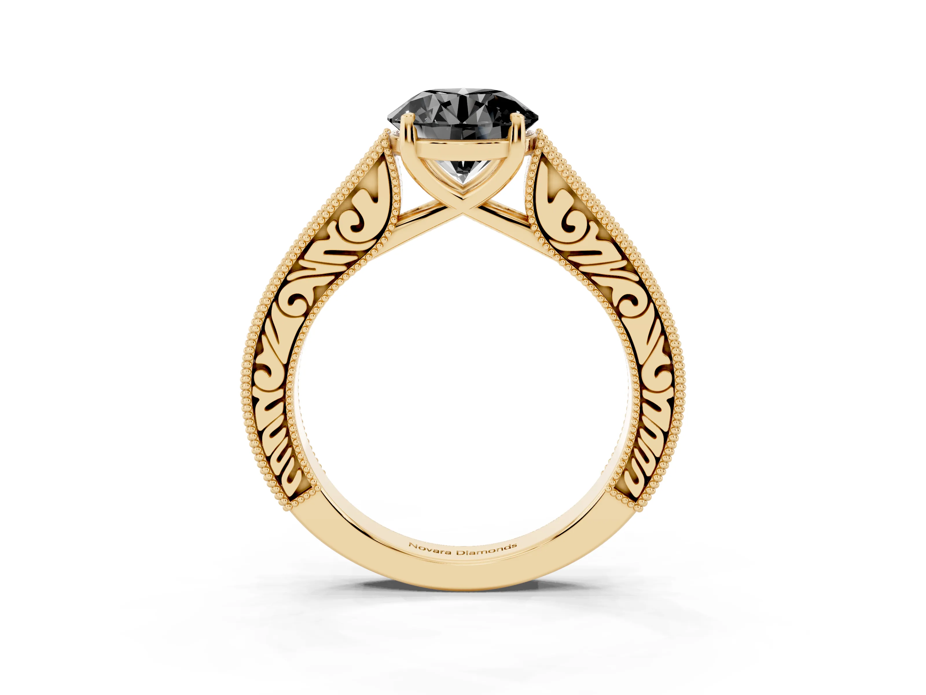 Fancy Black Round Cut Diamond Milgrain Pavé Band Solitaire Ring Set in Yellow gold with Prong Setting