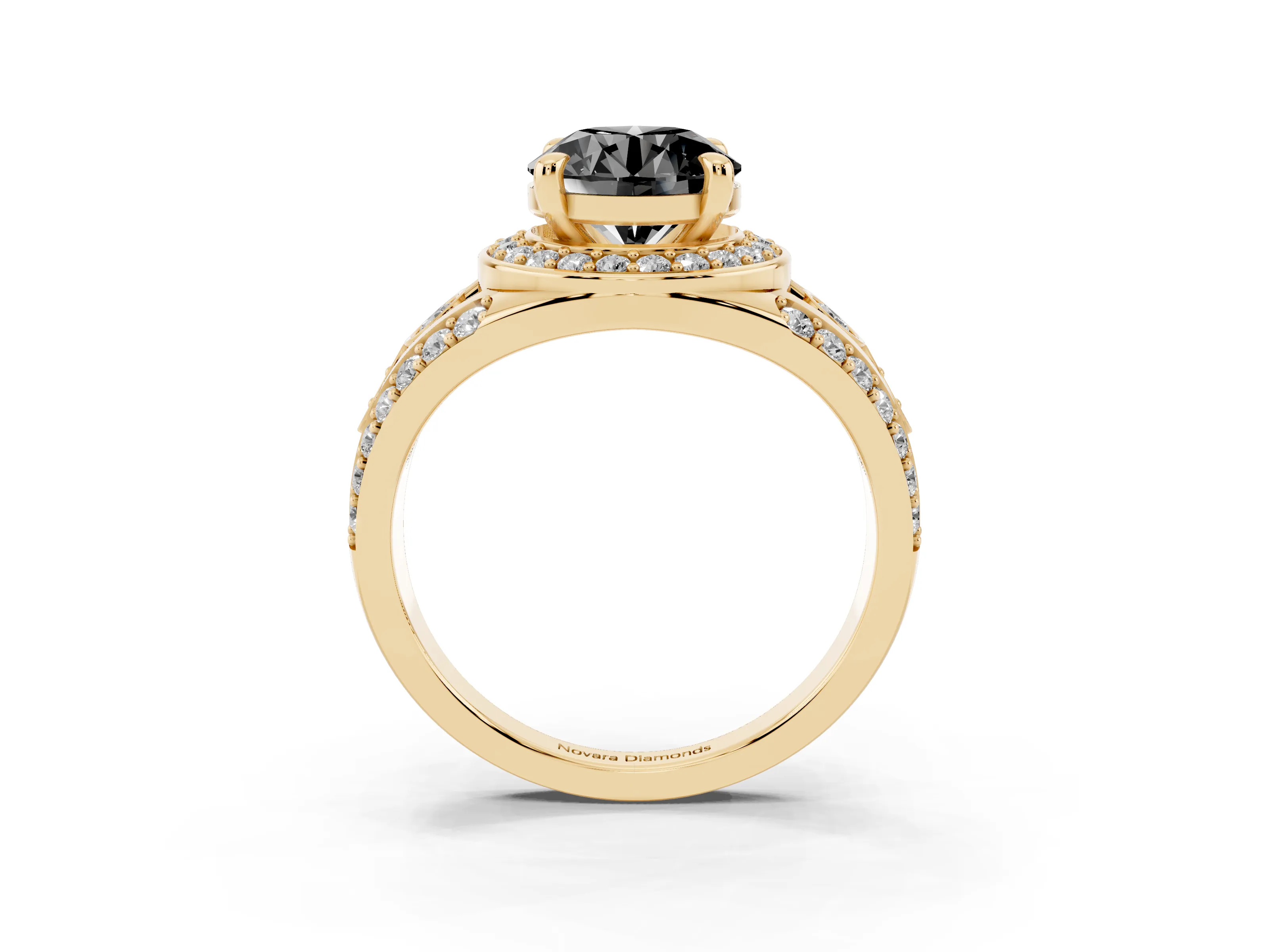 Fancy Black Round Cut Diamond Halo Ring Set in Yellow gold with Pavé Split Shank and Bezel Accents