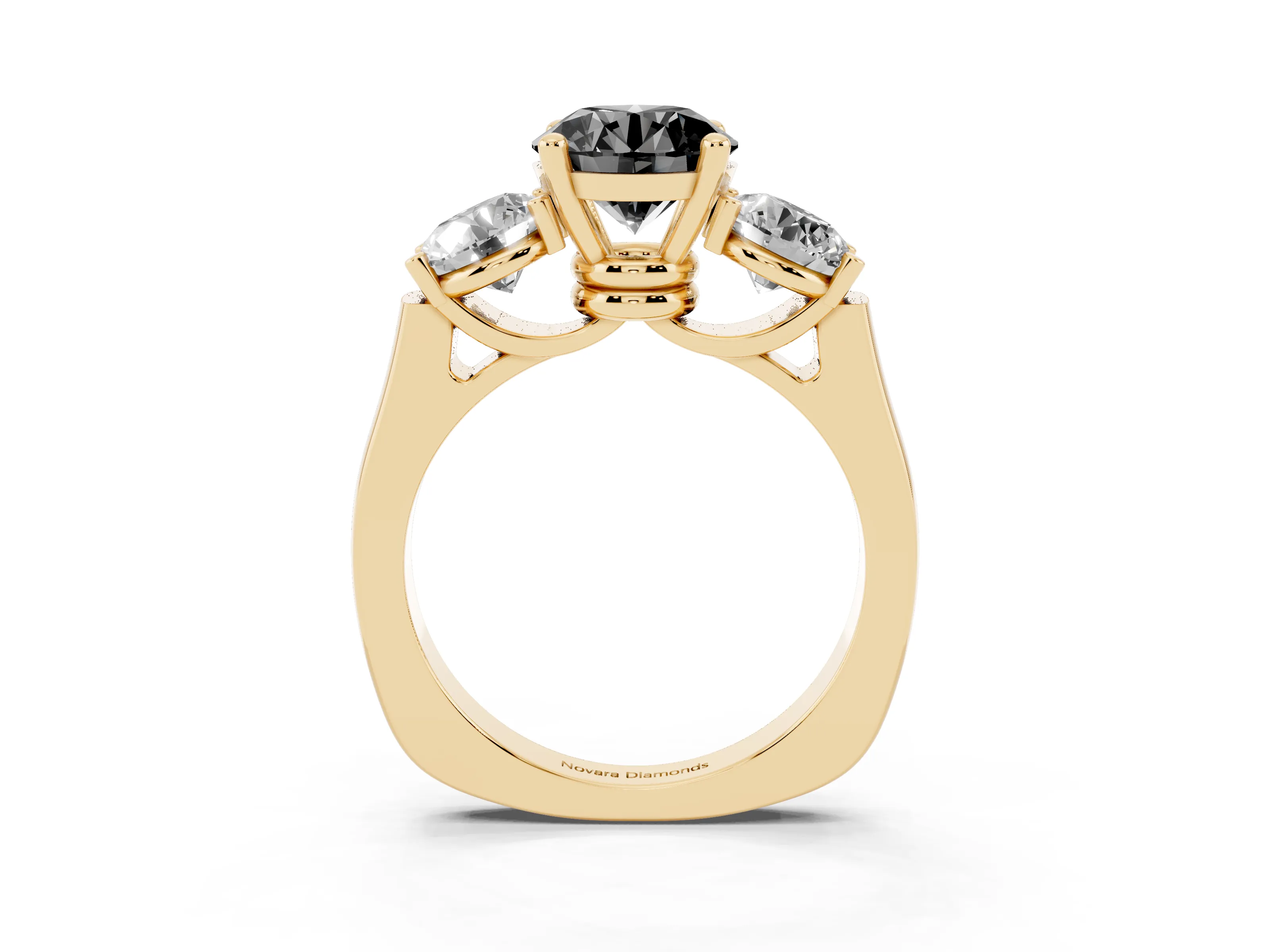Fancy Black Round Cut Diamond Three-Stone Trellis Ring Set in Yellow gold with Comfort Fit Band