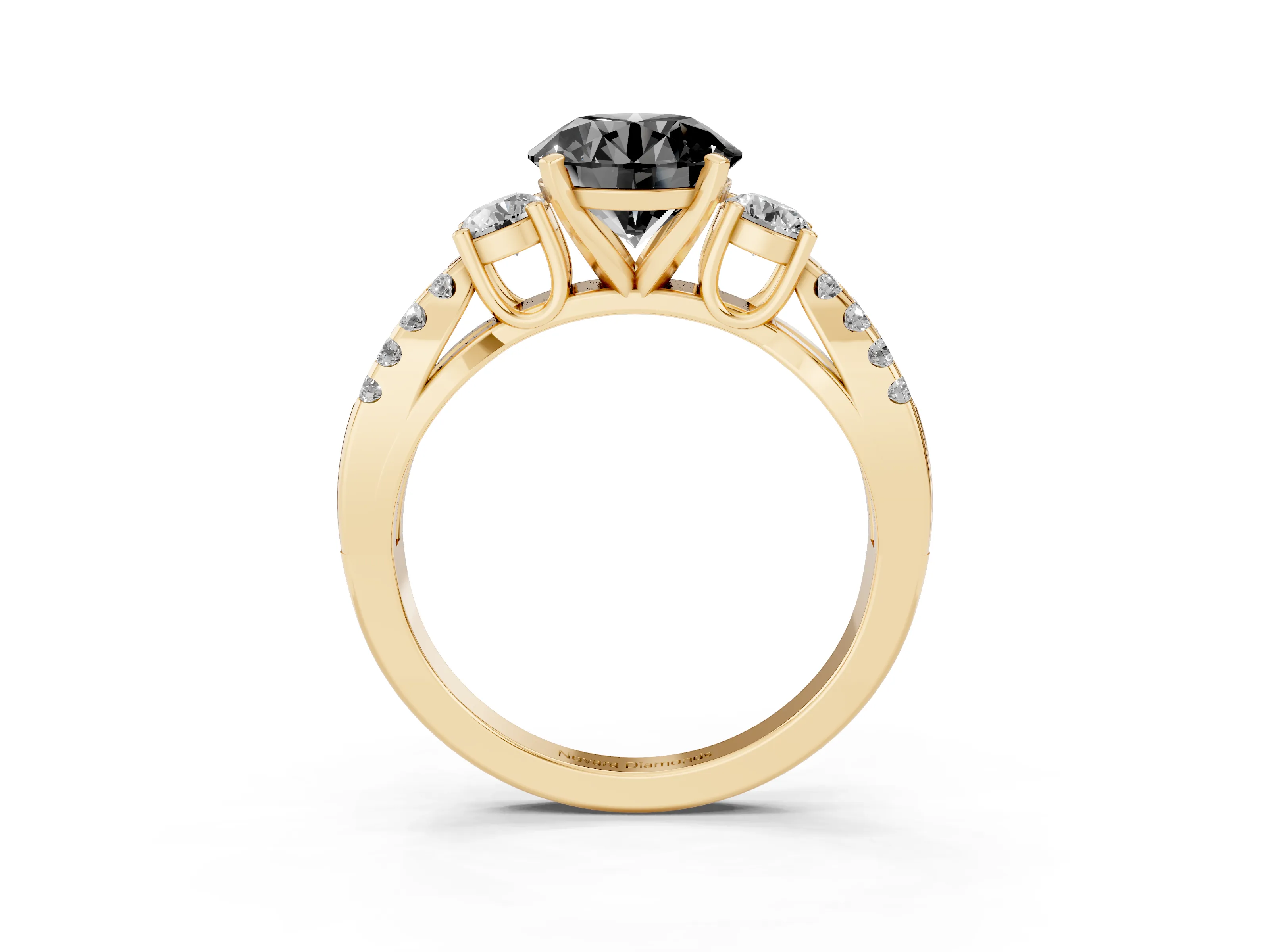 Fancy Black Round Cut Diamond Three-Stone Ring Set in Yellow gold with Pavé Split Shank and Prong Setting