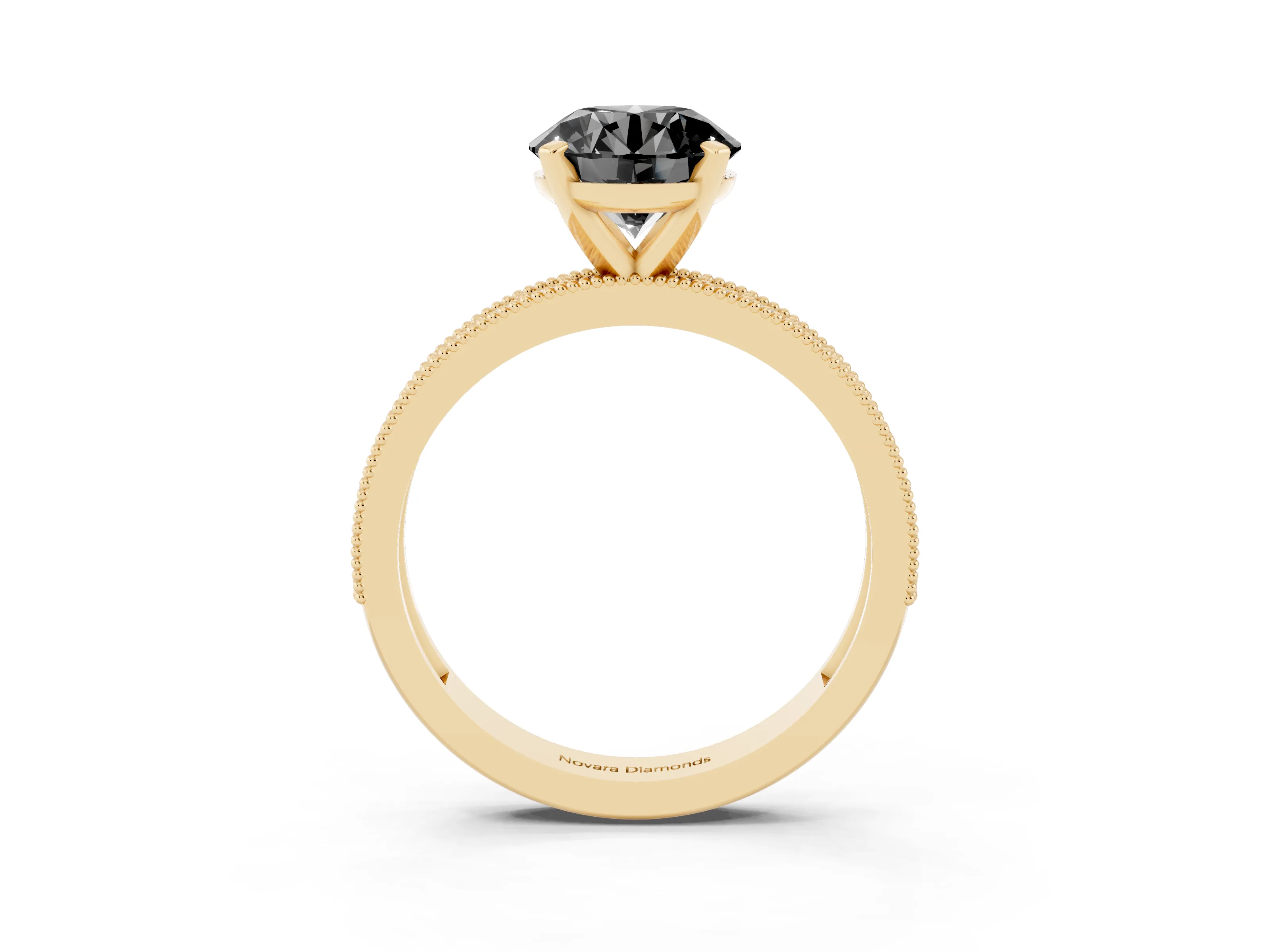 Fancy Black Round Cut Diamond Milgrain Pavé Engagement Ring Set in Yellow gold with Prong Setting