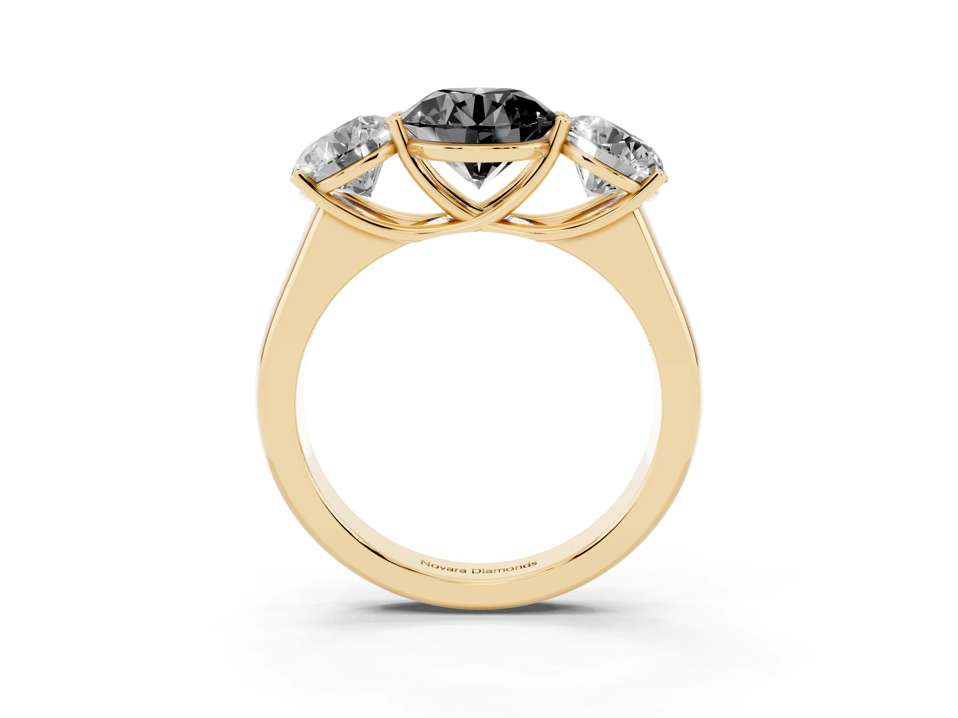 Fancy Black Round Cut Diamond Three-Stone Ring Set in Yellow gold with Plain Polished Band