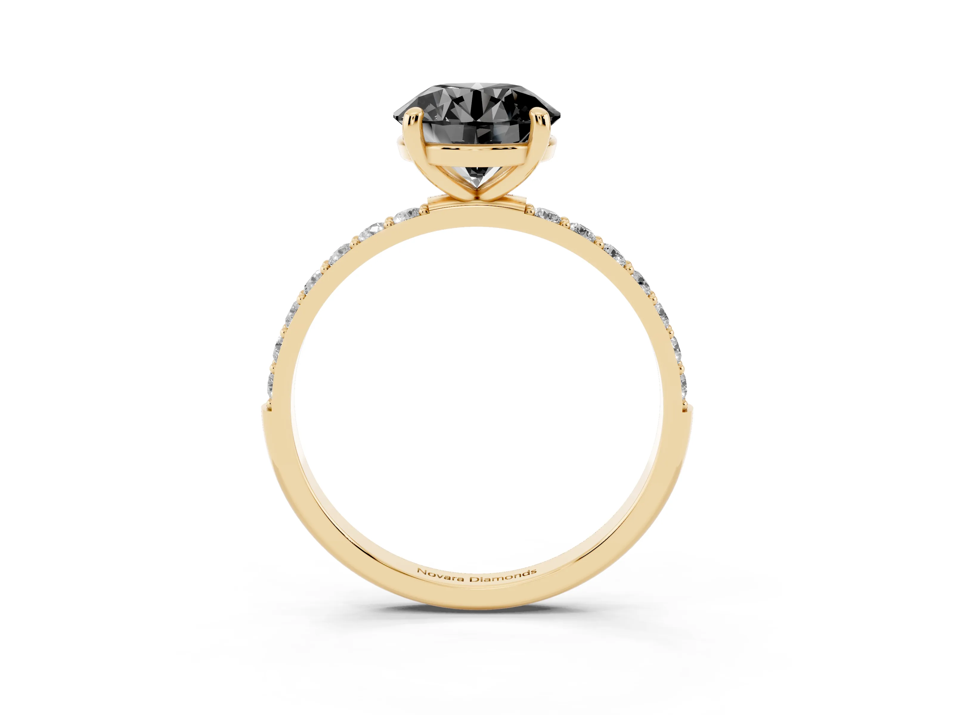 Fancy Black Round Cut Diamond Solitaire Ring Set in Yellow gold with Round Pavé Band and Prong Setting