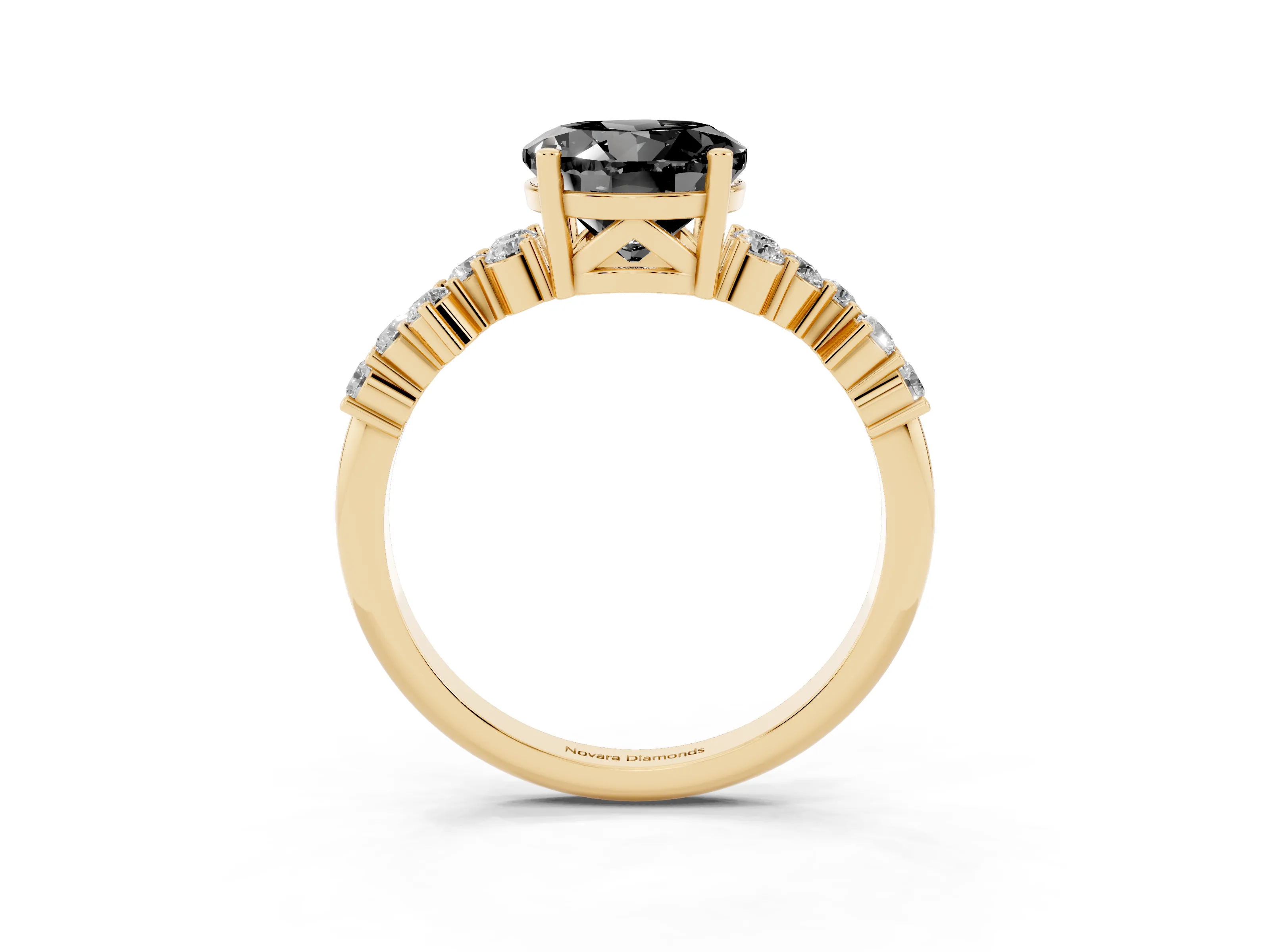 Fancy Black Round Cut Diamond Ring Set in Yellow gold with Scattered Round Accents