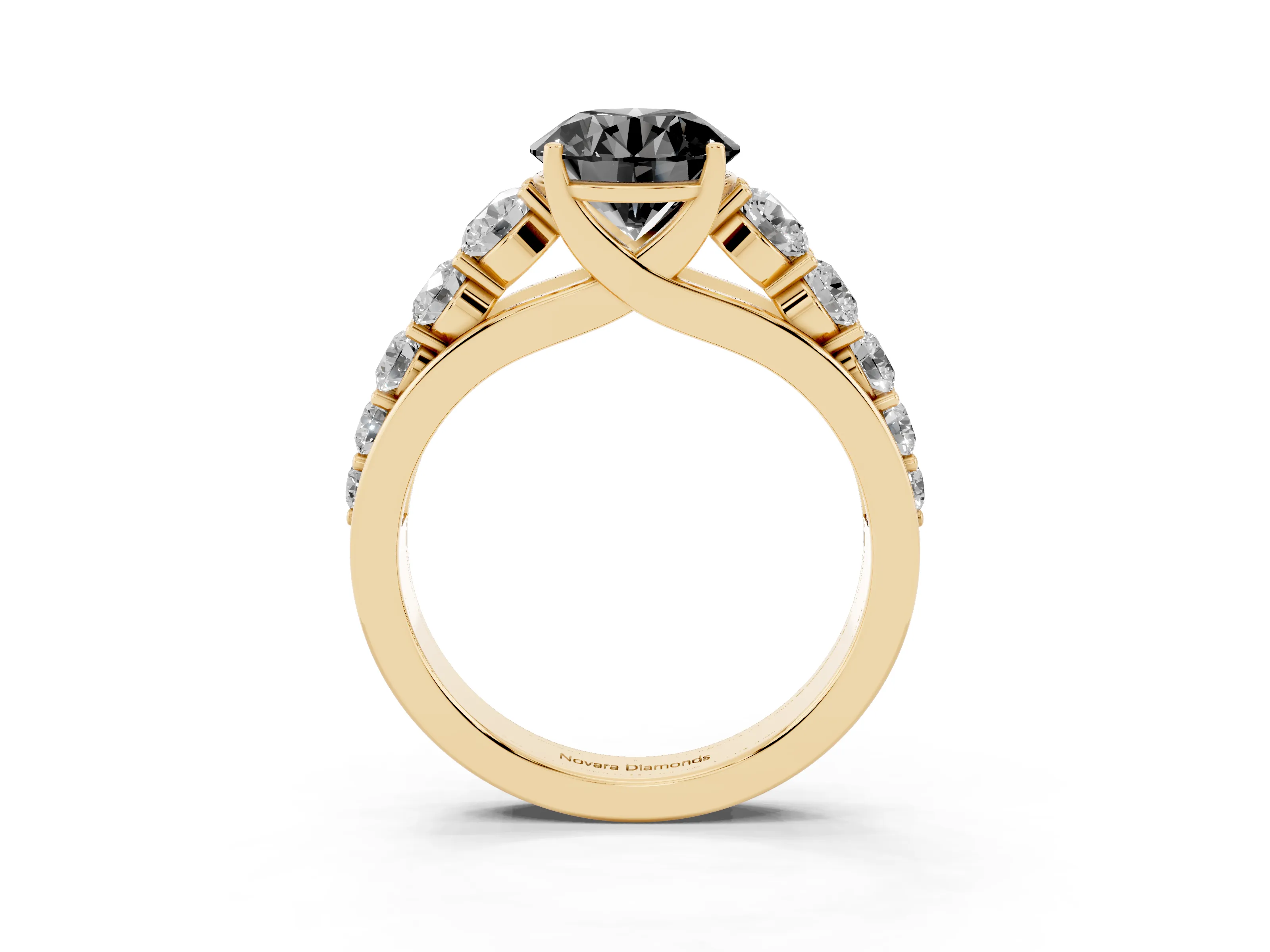 Fancy Black Round Cut Diamond Solitaire Ring Set in Yellow gold with Pavé-Set Band and Prong Setting