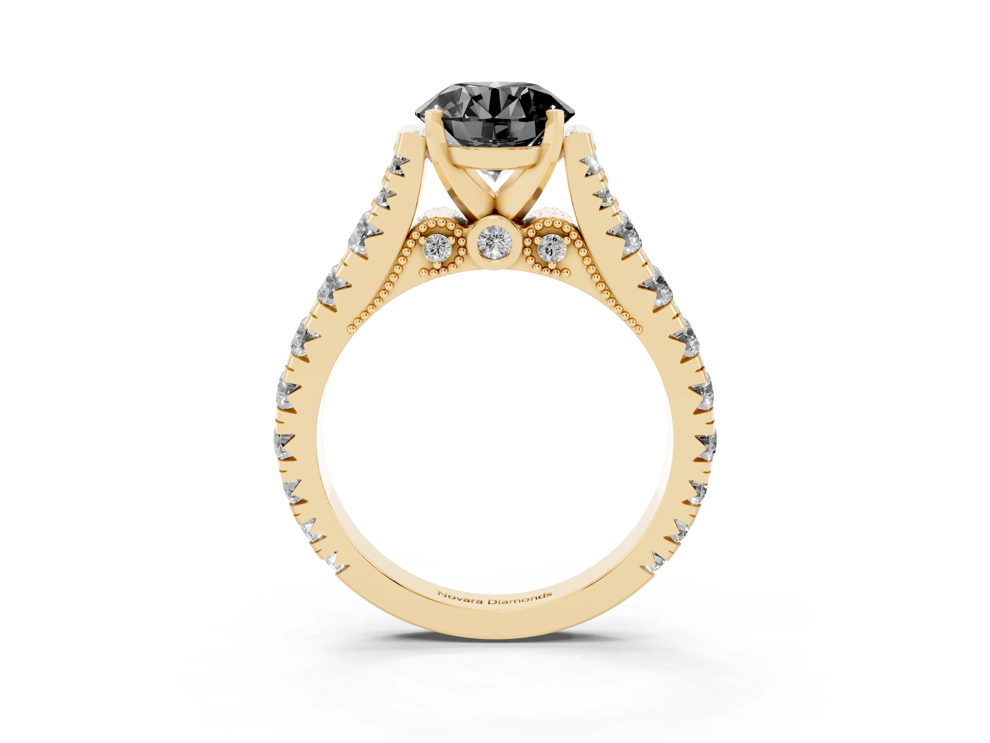 Fancy Black Round Cut Diamond Classic Solitaire Ring Set in Yellow gold with Pavé Band and Prong Setting