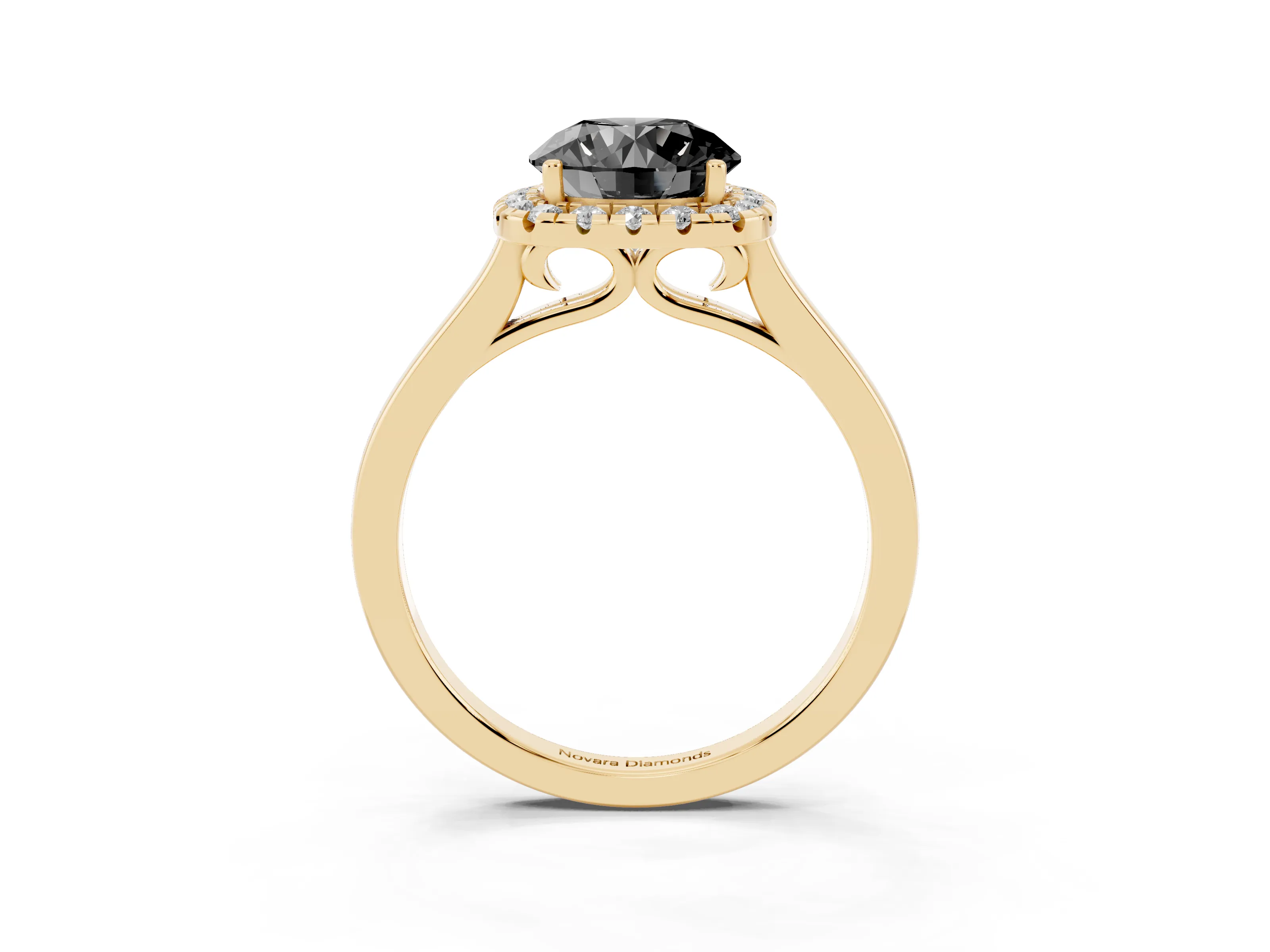 Fancy Black Round Cut Halo Round Diamond Solitaire Ring Set in Yellow gold with Pavé Band and Prong Setting