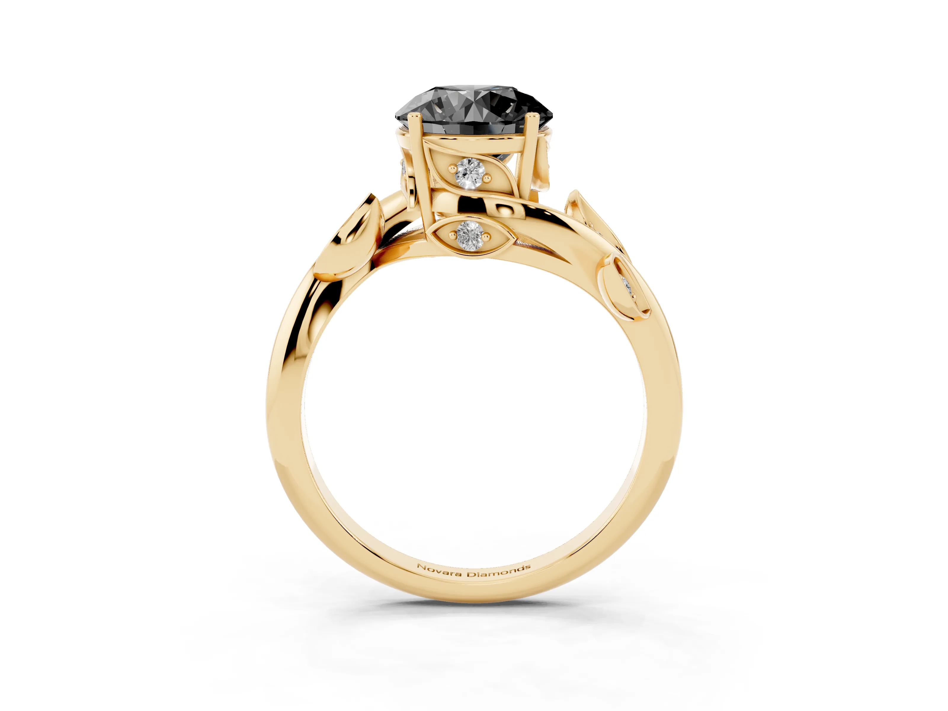 Fancy Black Round Cut Diamond Solitaire Twist Engagement Ring Set in Yellow gold with Pavé Leaf Accents
