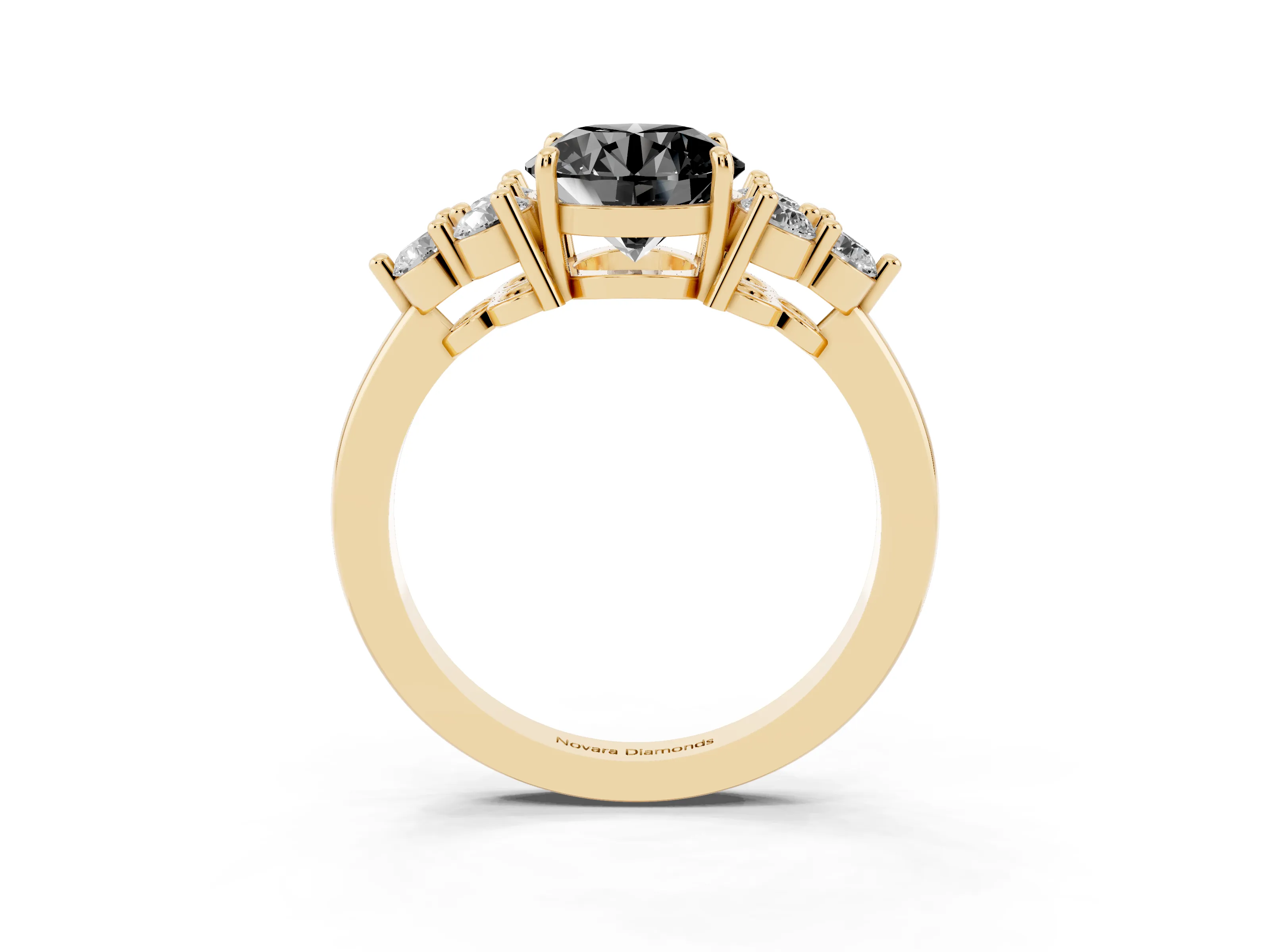 Fancy Black Round Cut Diamond Solitaire Ring Set in Yellow gold with Cluster Accents on Each Side