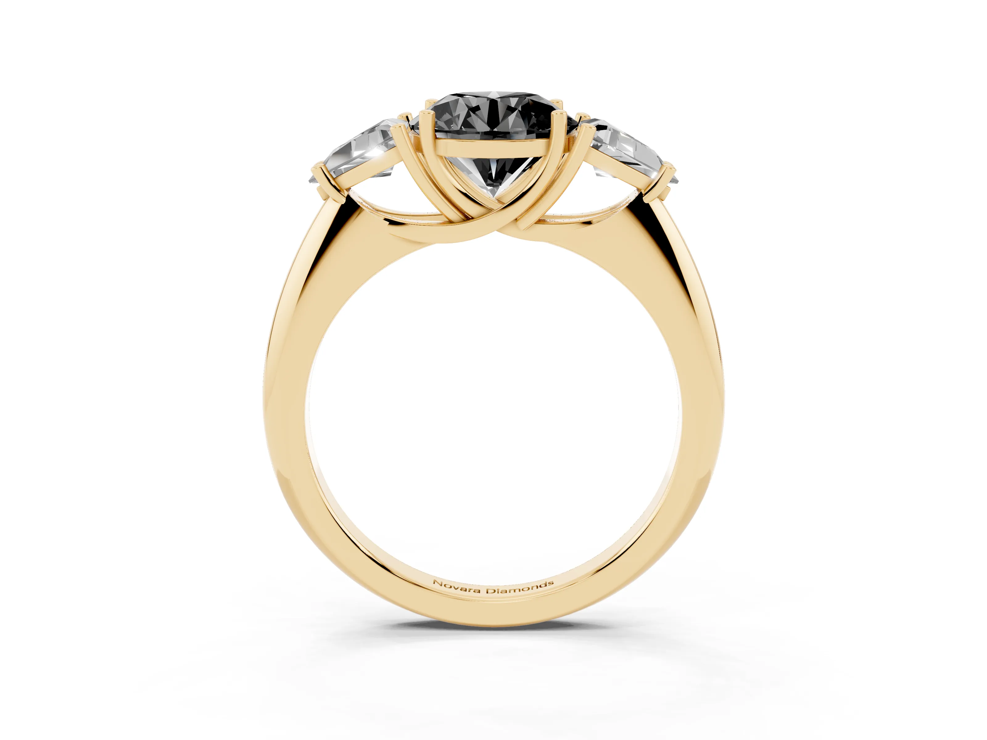 Fancy Black Round Cut Diamond Three-Stone Engagement Ring Set in Yellow gold with Trillion Side Stones