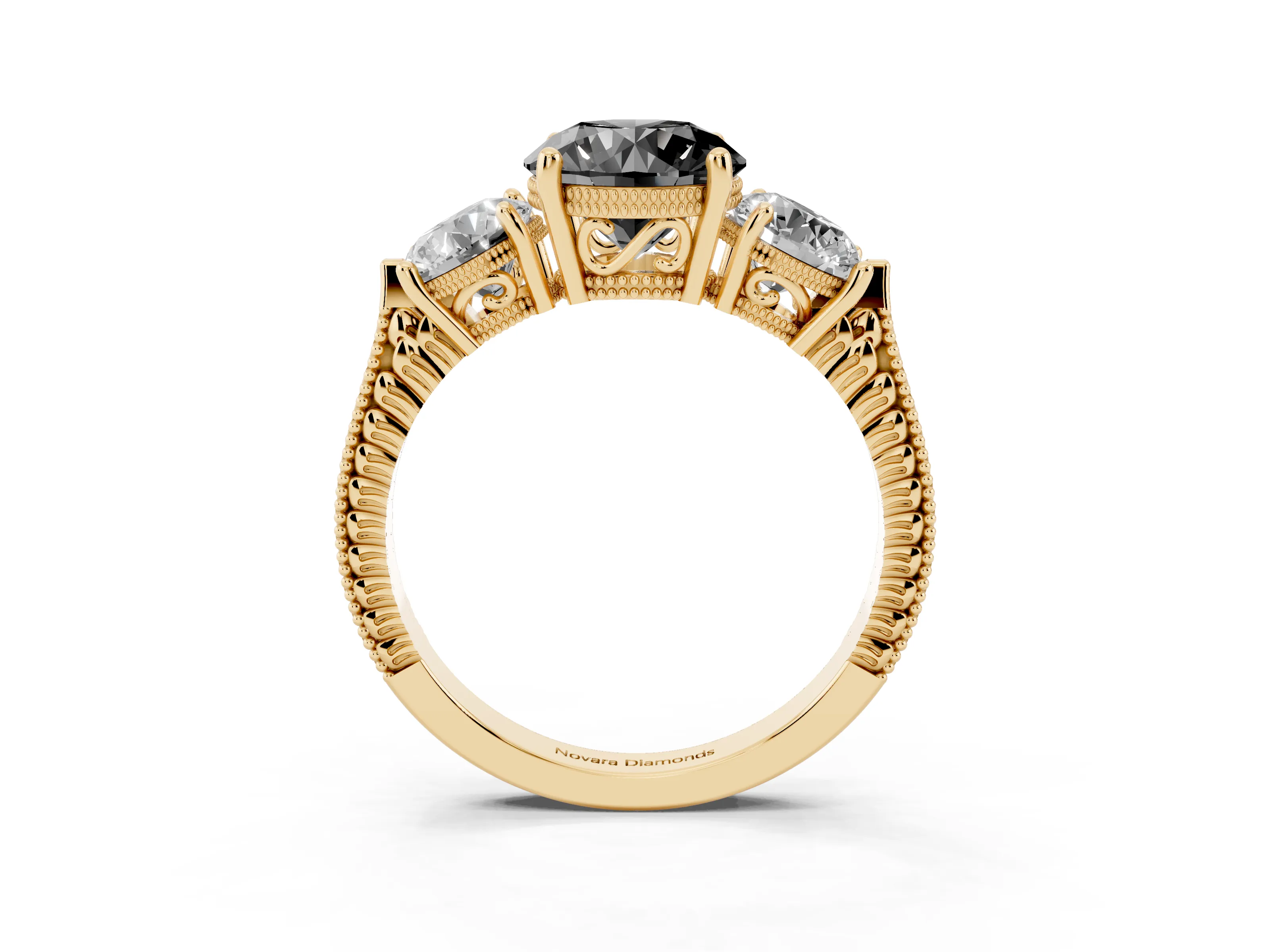 Fancy Black Round Cut Diamond Three-Stone Ring Set in Yellow gold with Milgrain Band
