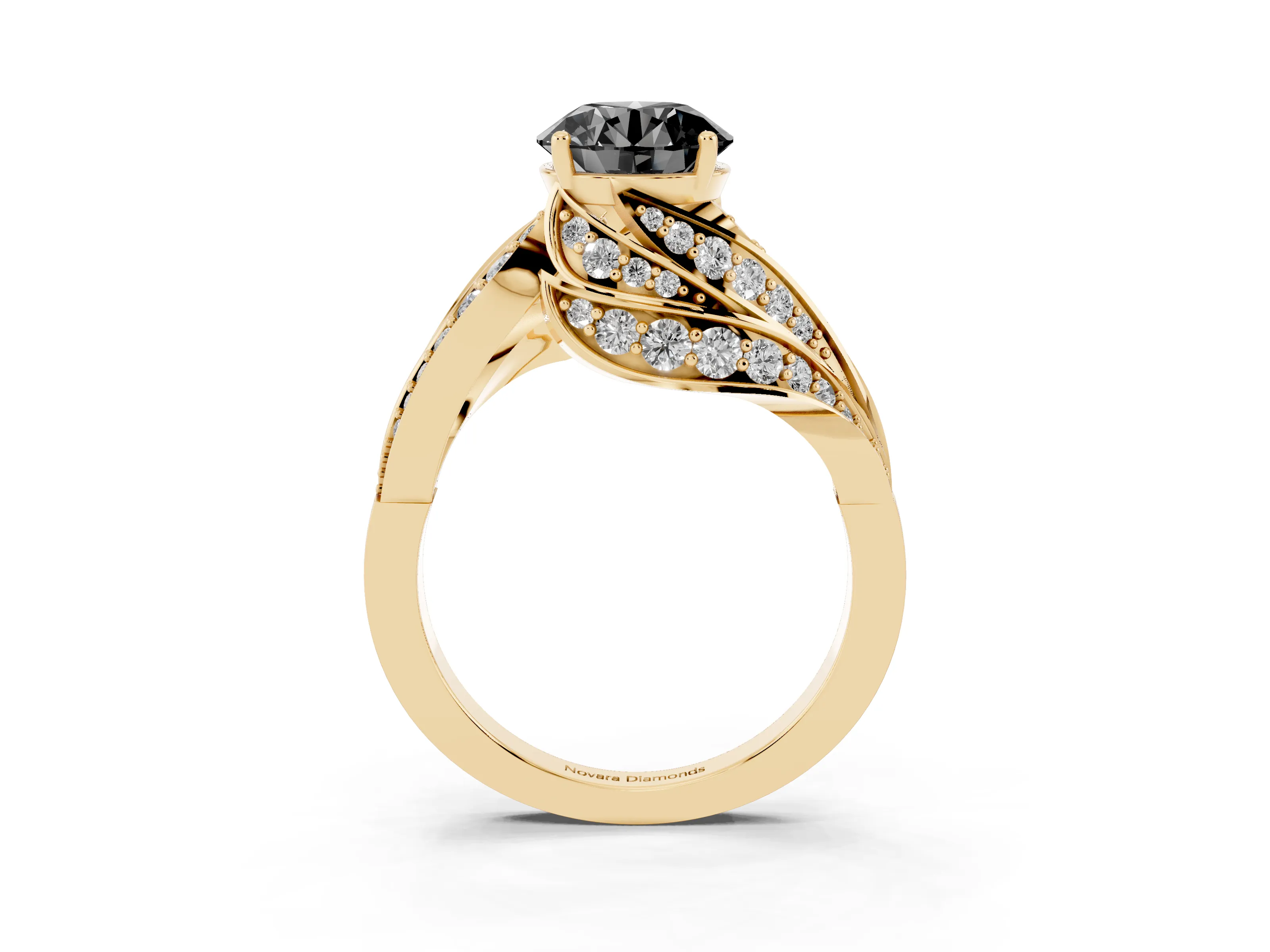Fancy Black Round Cut Diamond Solitaire Ring Set in Yellow gold with Layered Twist Pavé Band