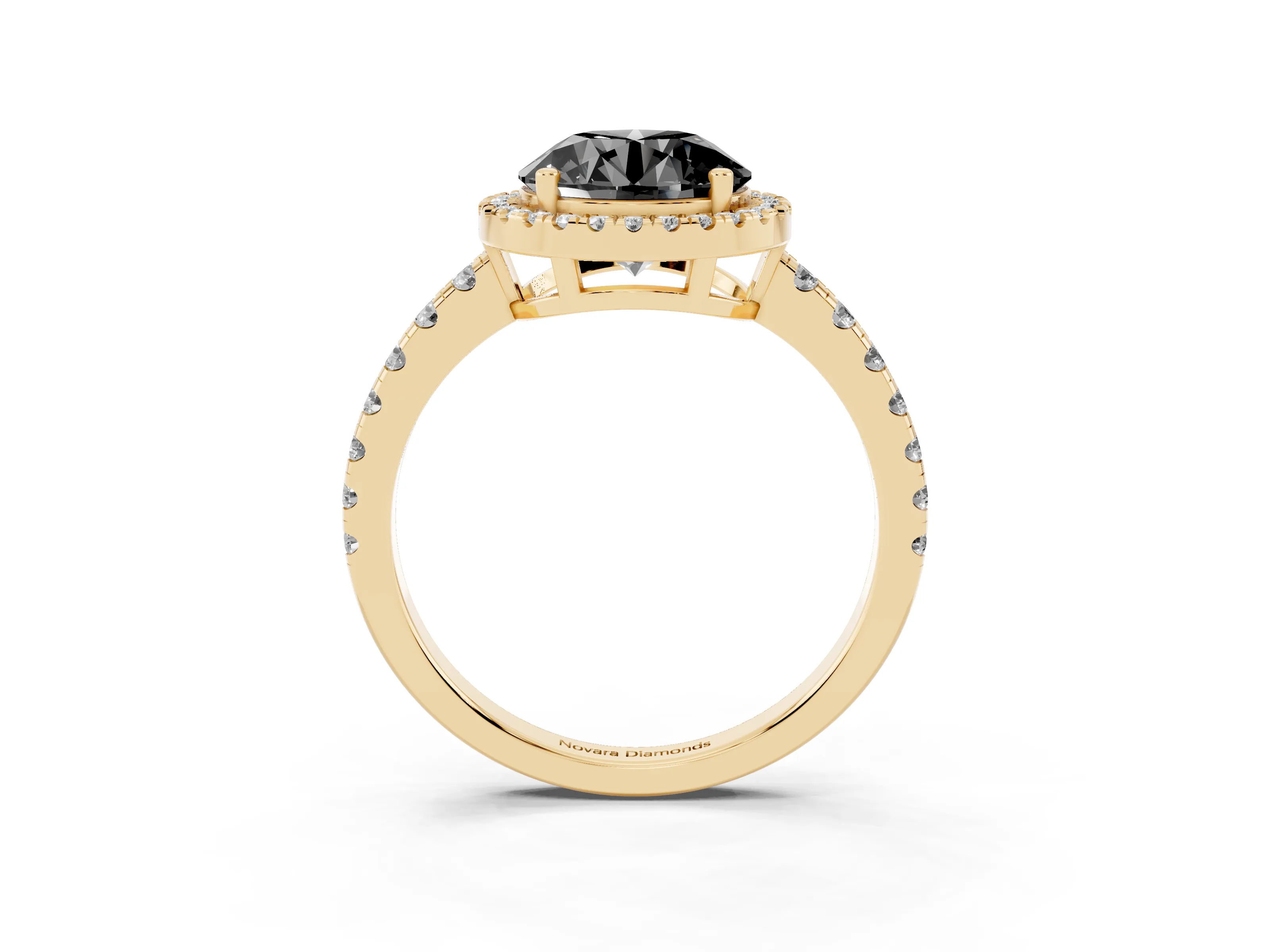 Fancy Black Round Cut Diamond Halo Ring Set in Yellow gold with Delicate Pavé Band and Prong Setting