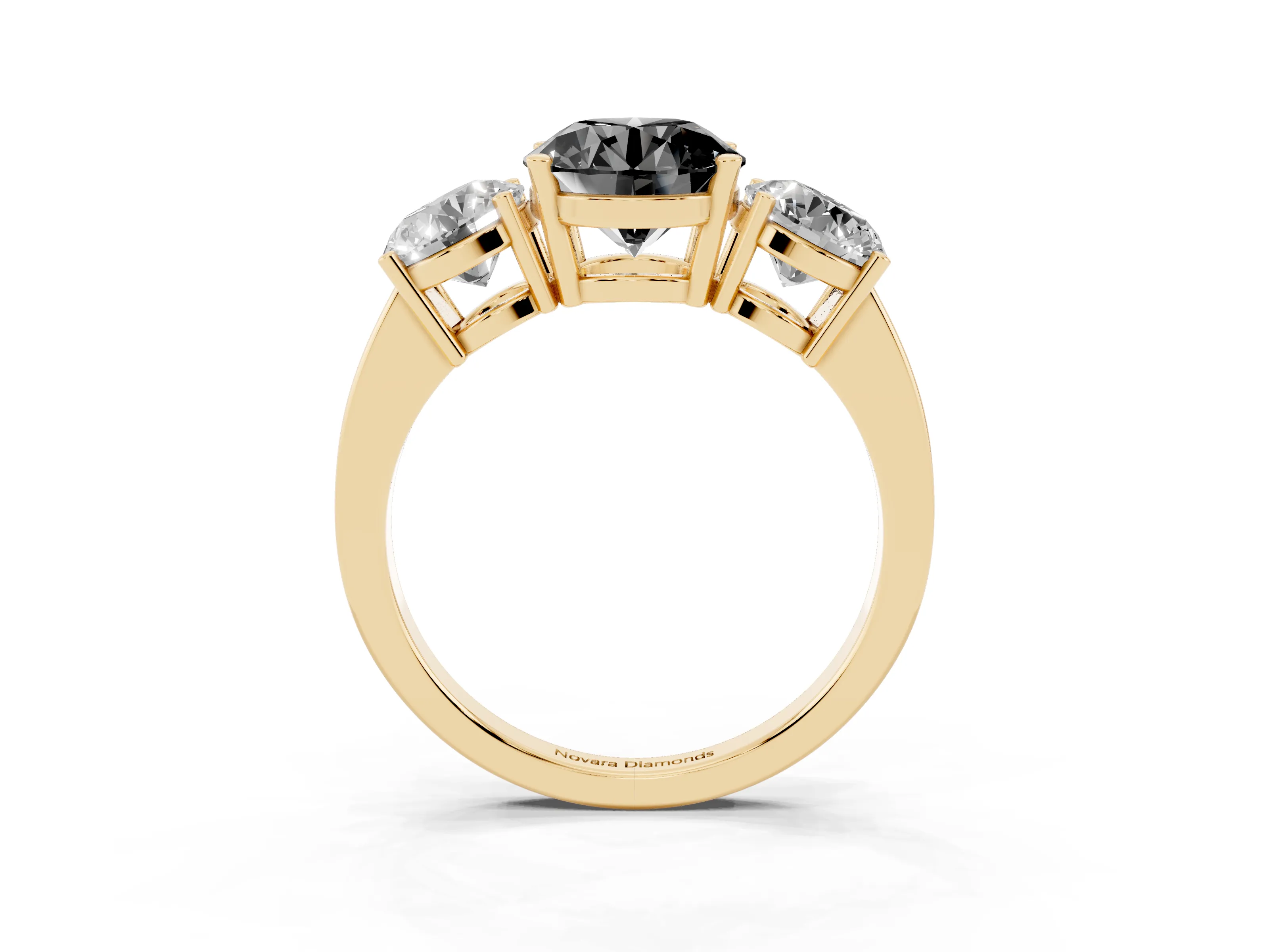 Fancy Black Round Cut Diamond Three-Stone Engagement Ring Set in Yellow gold with Flat Band