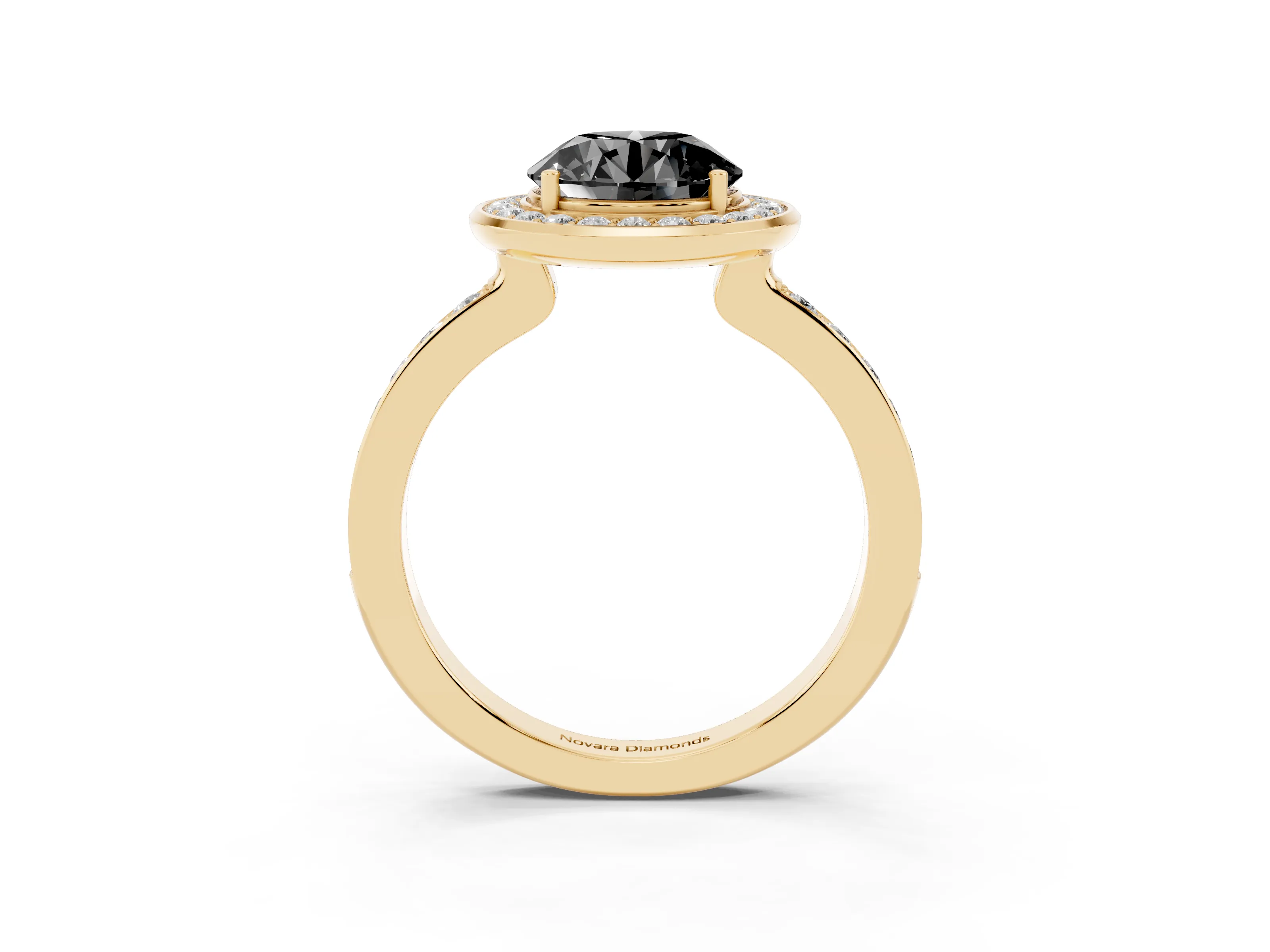Fancy Black Round Cut Diamond Halo Ring Set in Yellow gold with Bezel Frame and Pavé Band