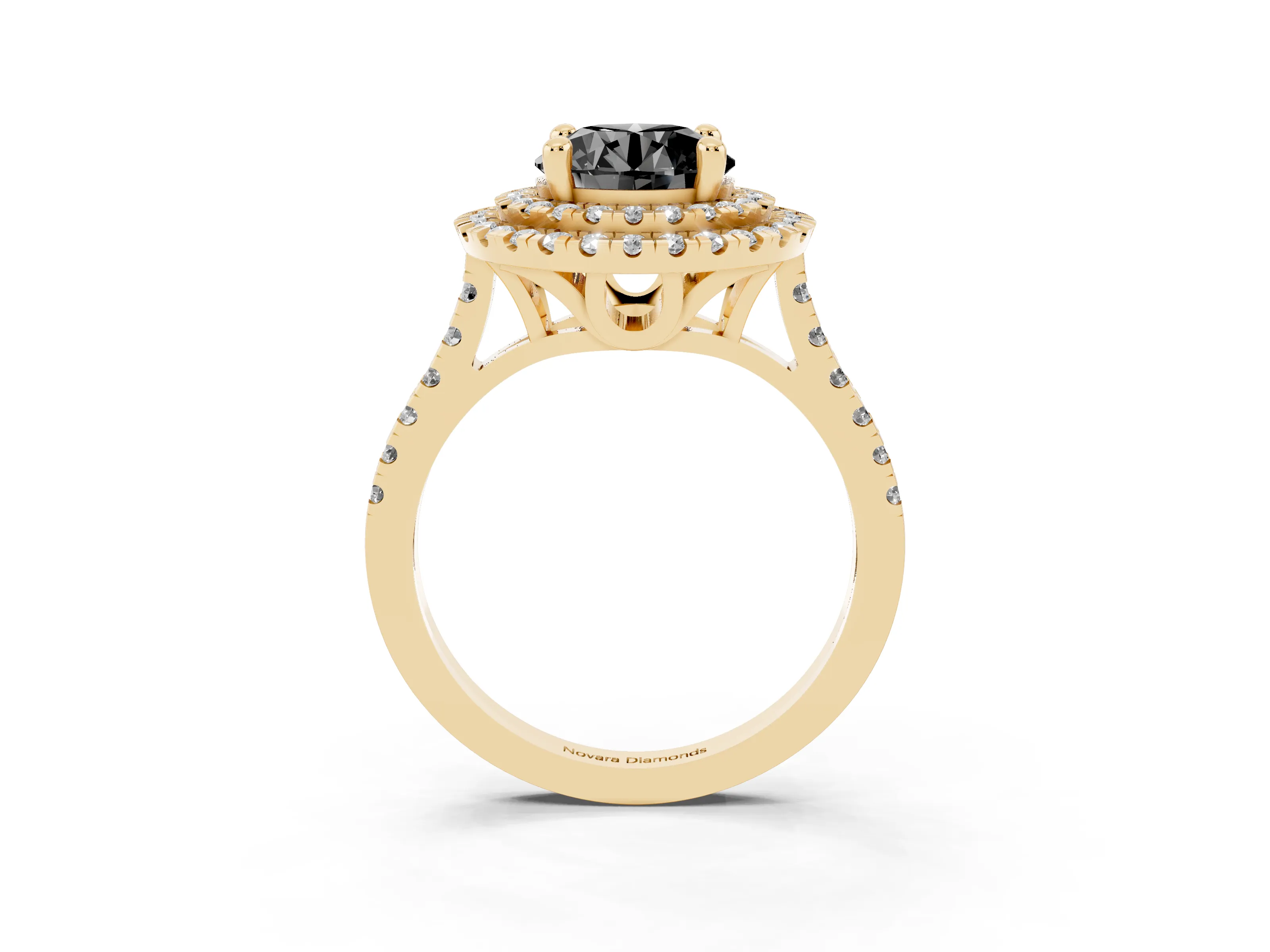 Fancy Black Round Cut Diamond Double Halo Statement Ring Set in Yellow gold with Pavé Band