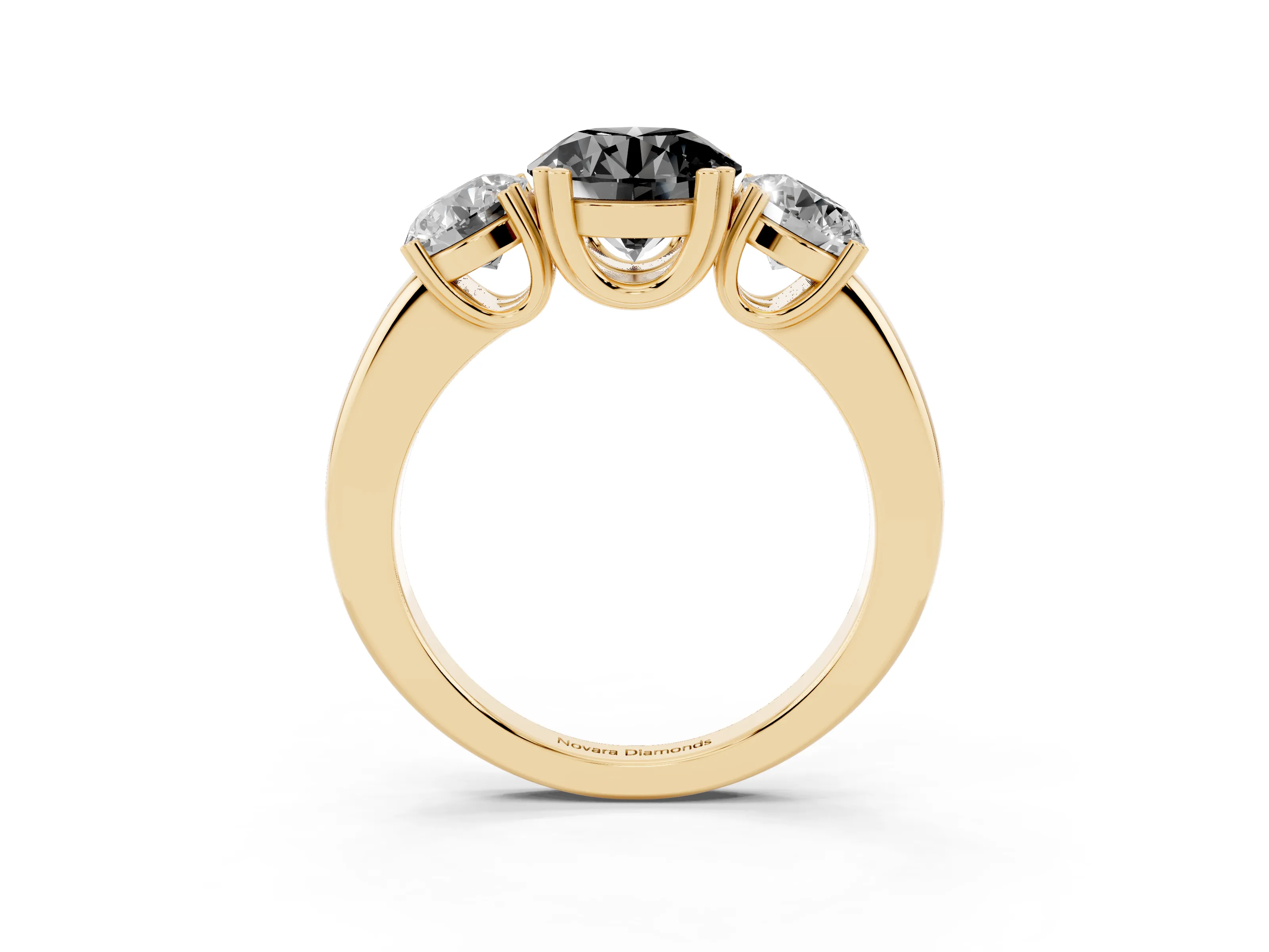 Fancy Black Round Cut Diamond Three-Stone Ring Set in Yellow gold with Polished Channel-Set Band