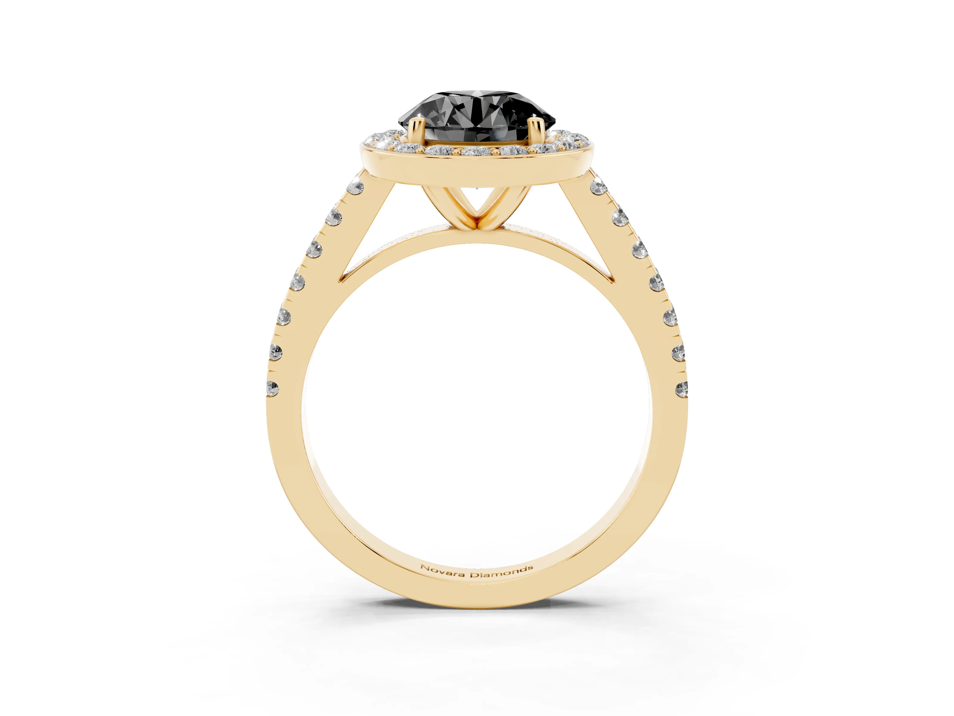 Fancy Black Round Cut Diamond Halo Ring Set in Yellow gold with Round Pavé Split Shank and Prong Setting
