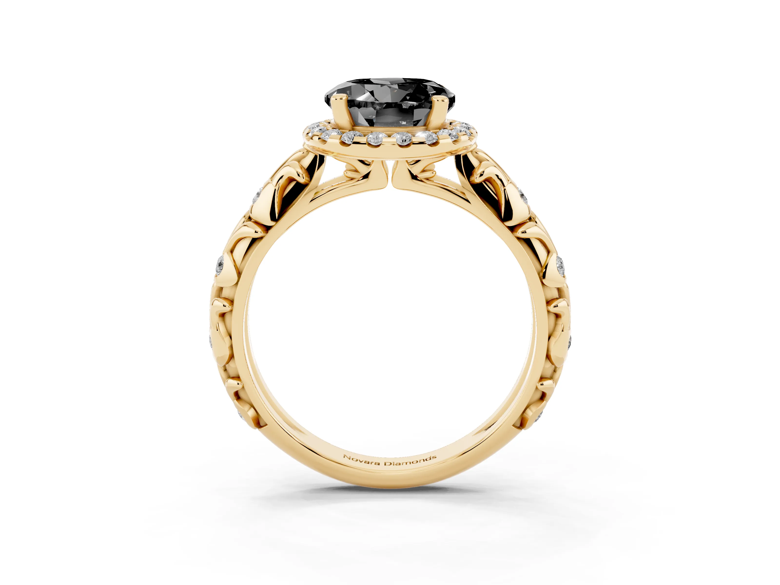 Fancy Black Round Cut Diamond Halo Ring Set in Yellow gold with Filigree Leaf Band and Prong Setting
