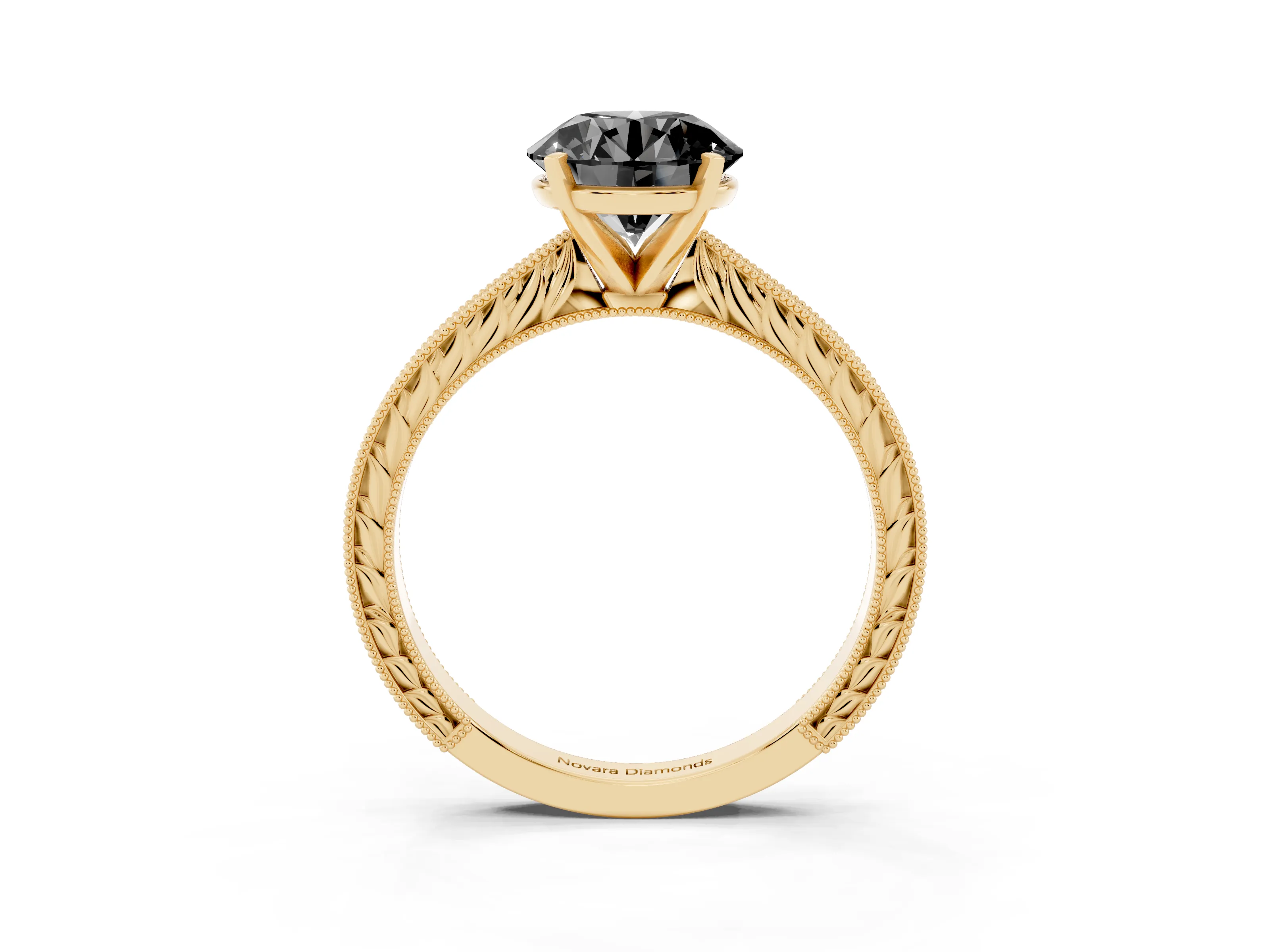 Fancy Black Round Cut Diamond Solitaire Milgrain Engraved Band Set in Yellow gold with Prong Setting