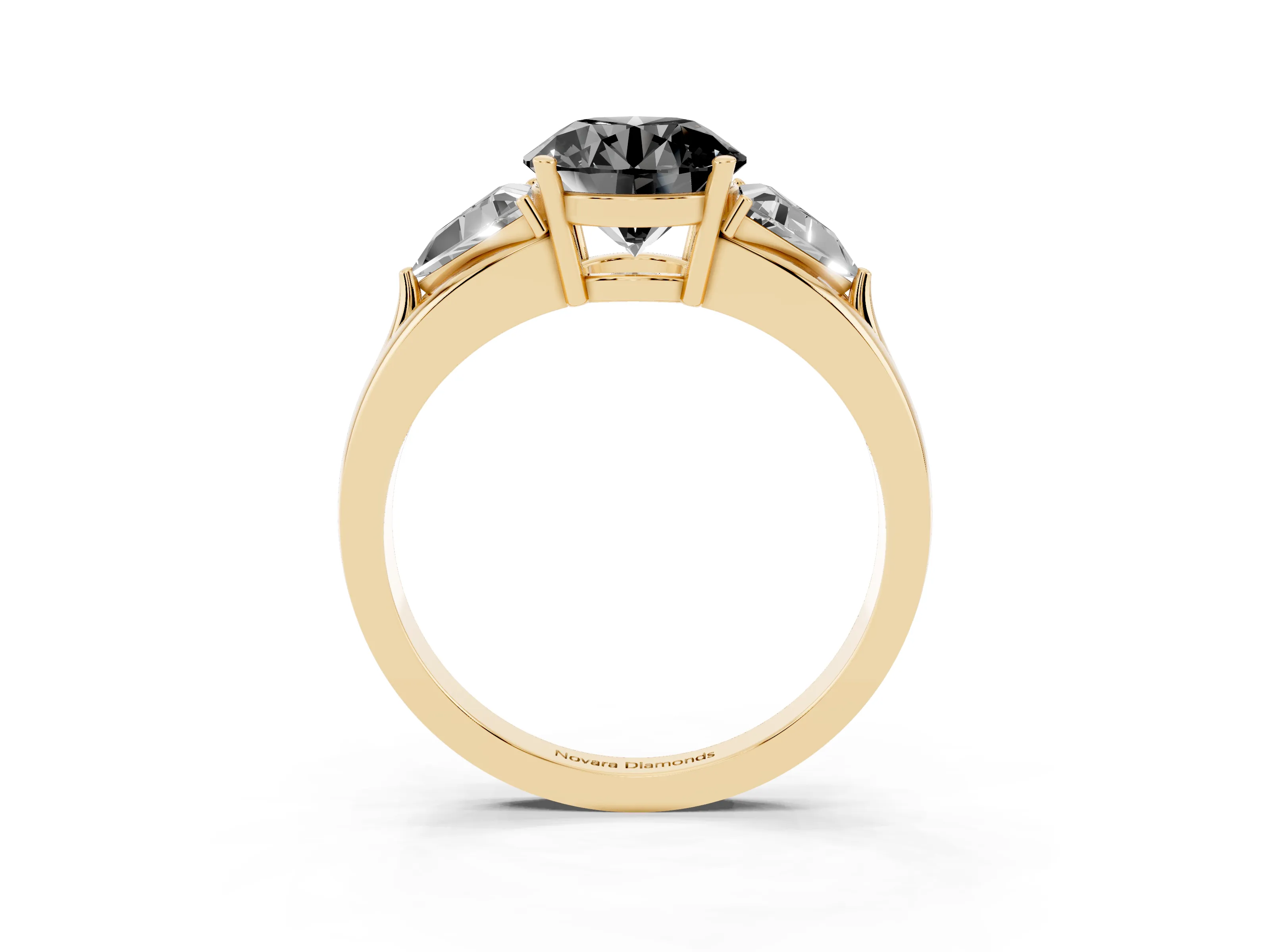 Fancy Black Round Cut Diamond Three-Stone Ring Set in Yellow gold with Trillion Side Stones and Split Shank