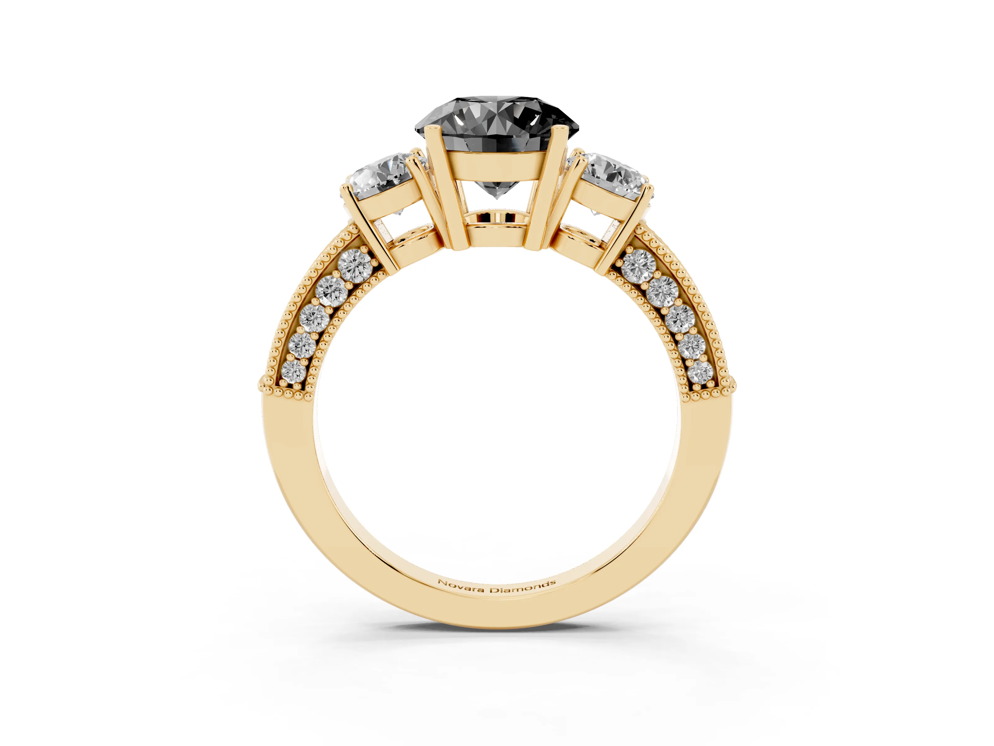 Fancy Black Round Cut Diamond Three-Stone Ring Set in Yellow gold with Round Side Stones and Pavé Band