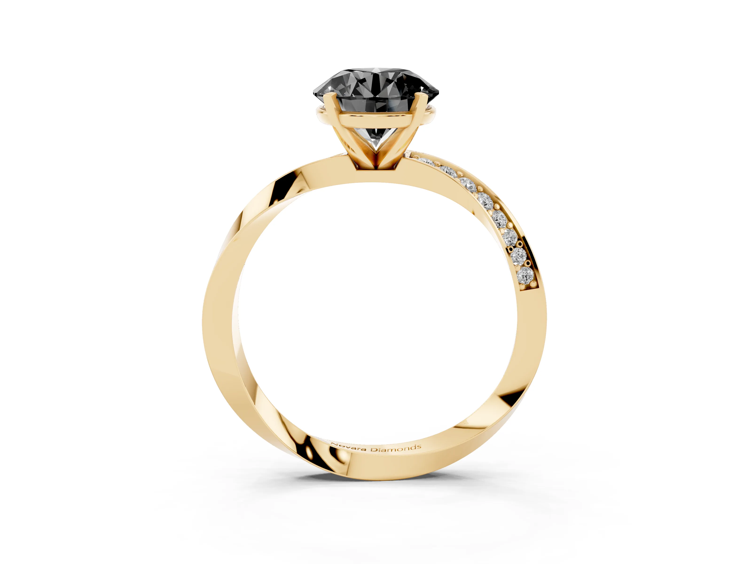 Fancy Black Round Cut Diamond Engagement Ring Set in Yellow gold with Side Stone Accents and Prong Setting