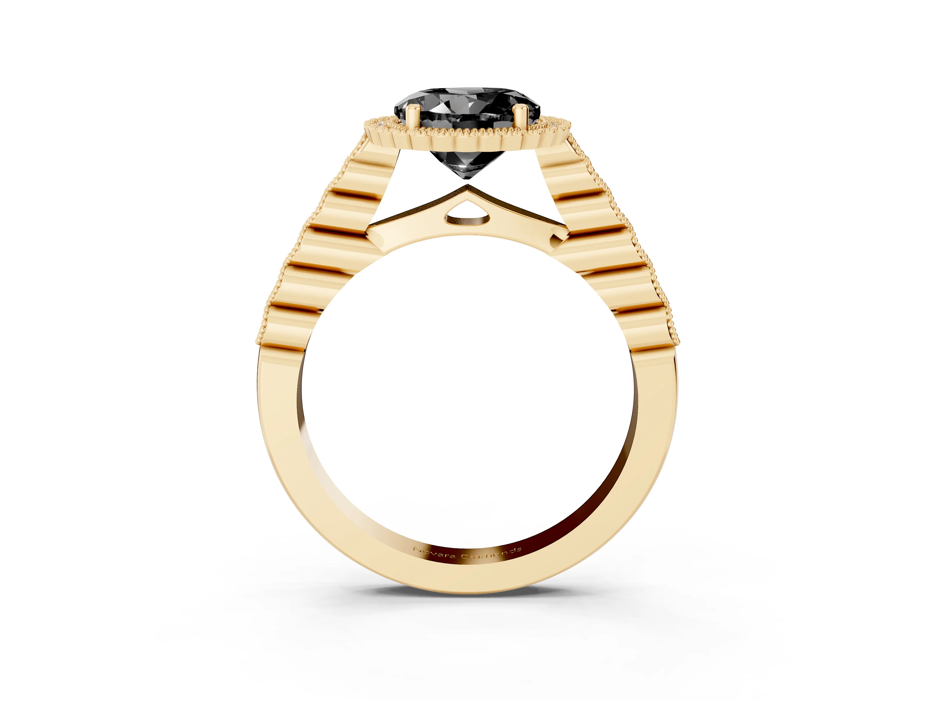 Fancy Black Round Cut Diamond Halo Ring Set in Yellow gold with Pavé Milgrain Band