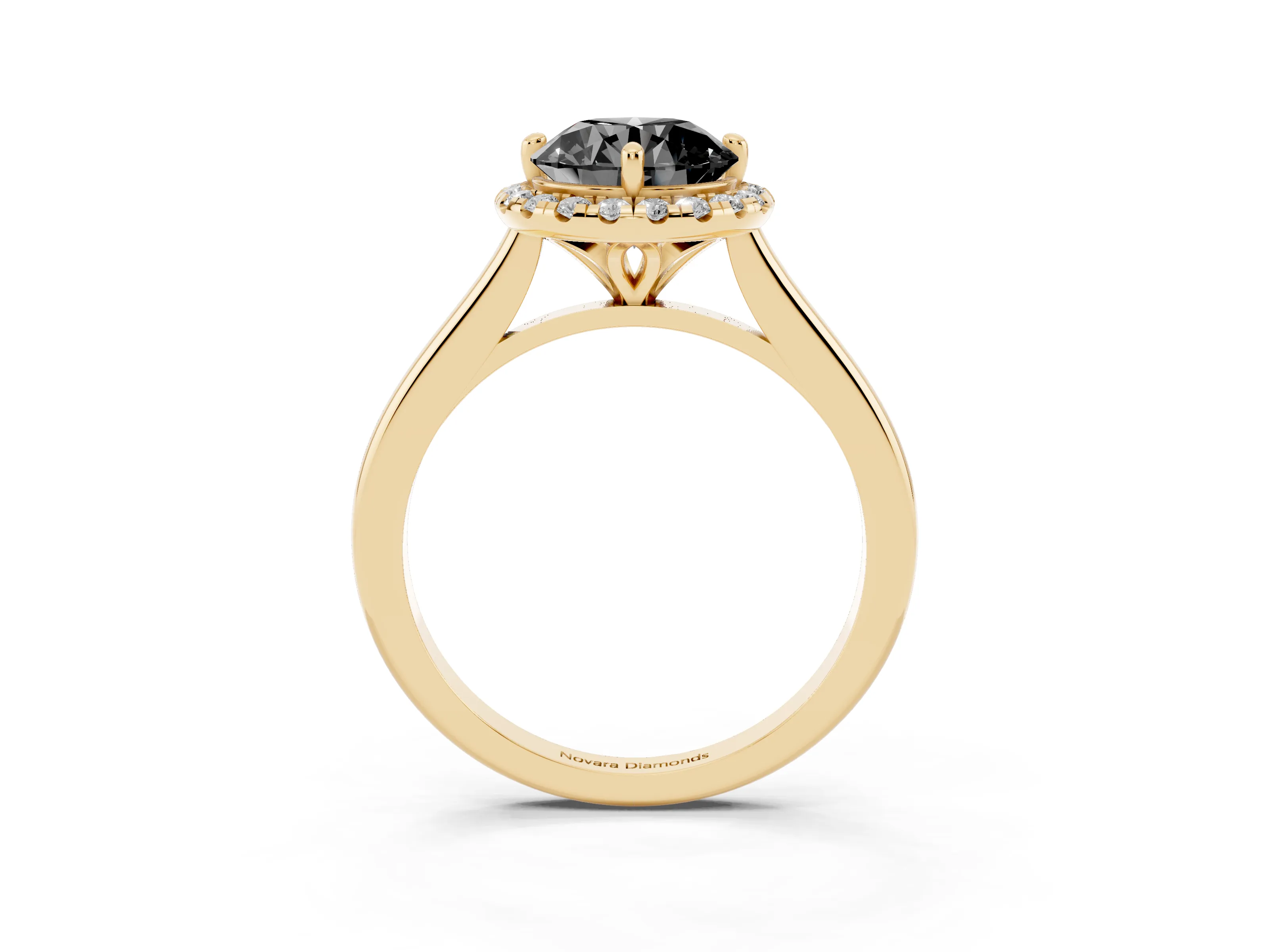 Fancy Black Round Cut Diamond Halo Engagement Ring Set in Yellow gold with Pavé Band and Rising Shoulders