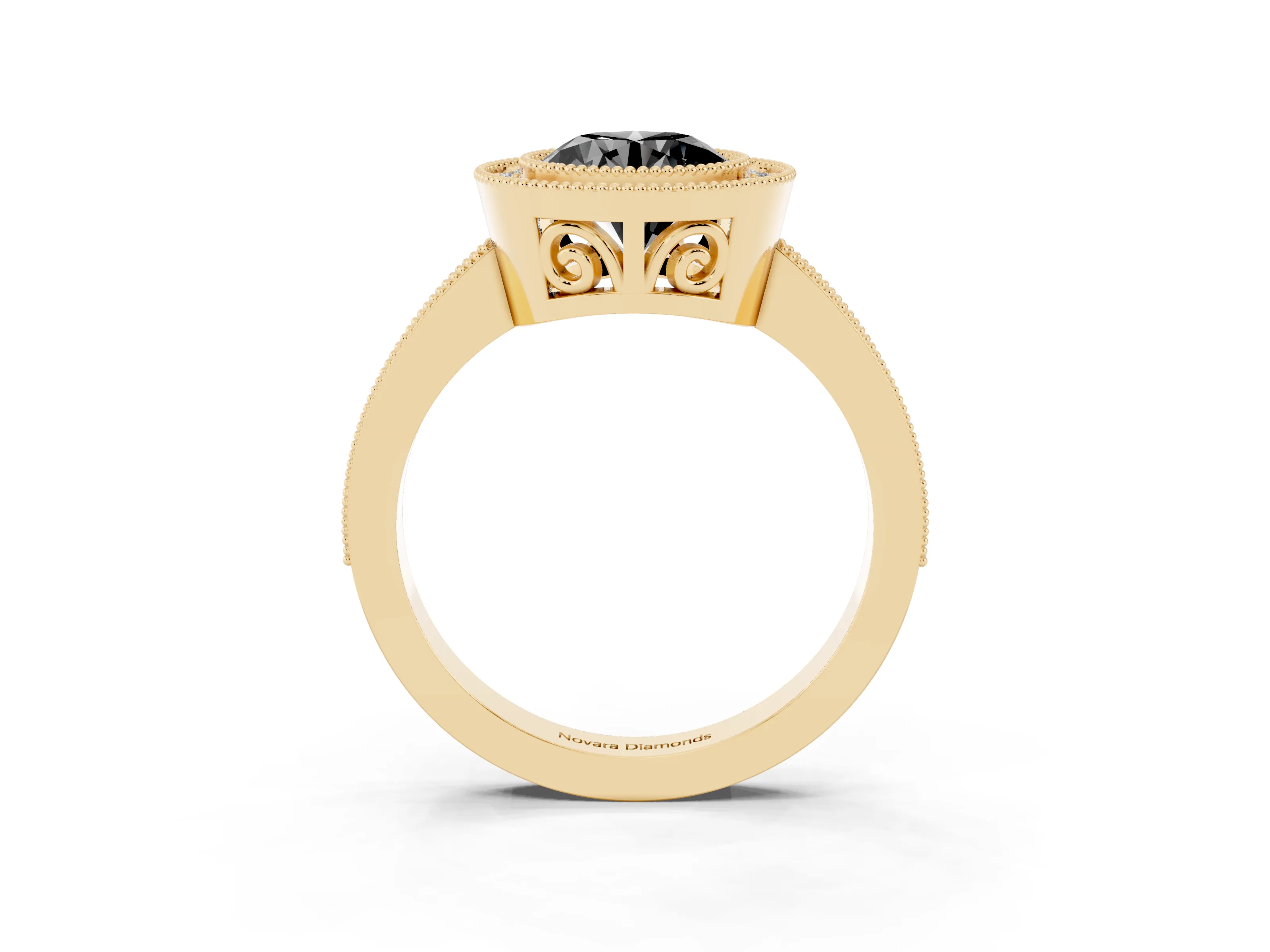 Fancy Black Round Cut Diamond Round Halo Ring Set in Yellow gold with Pavé Band