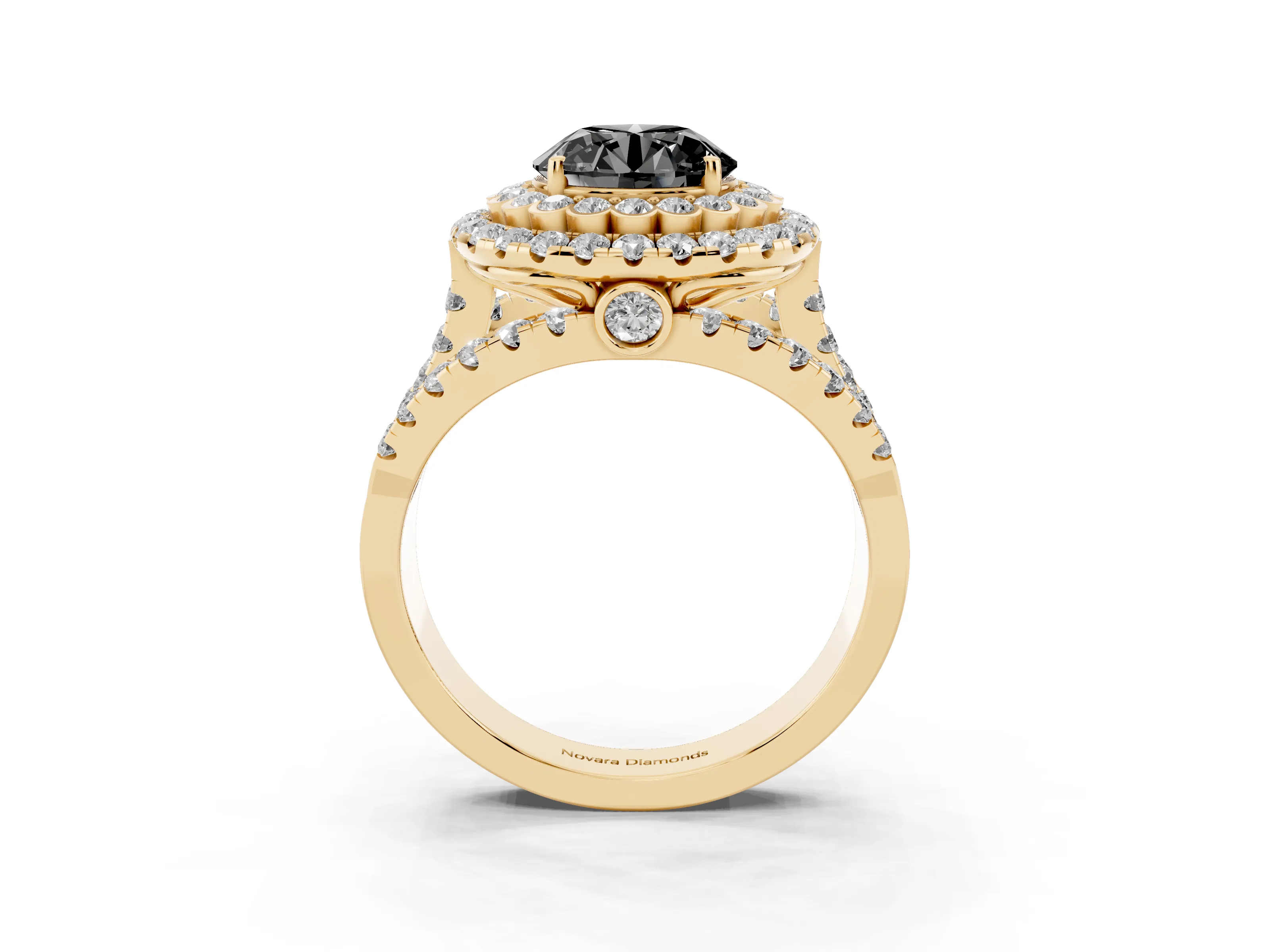 Fancy Black Round Cut Diamond Double Halo Ring Set in Yellow gold with Round Pavé Split Shank