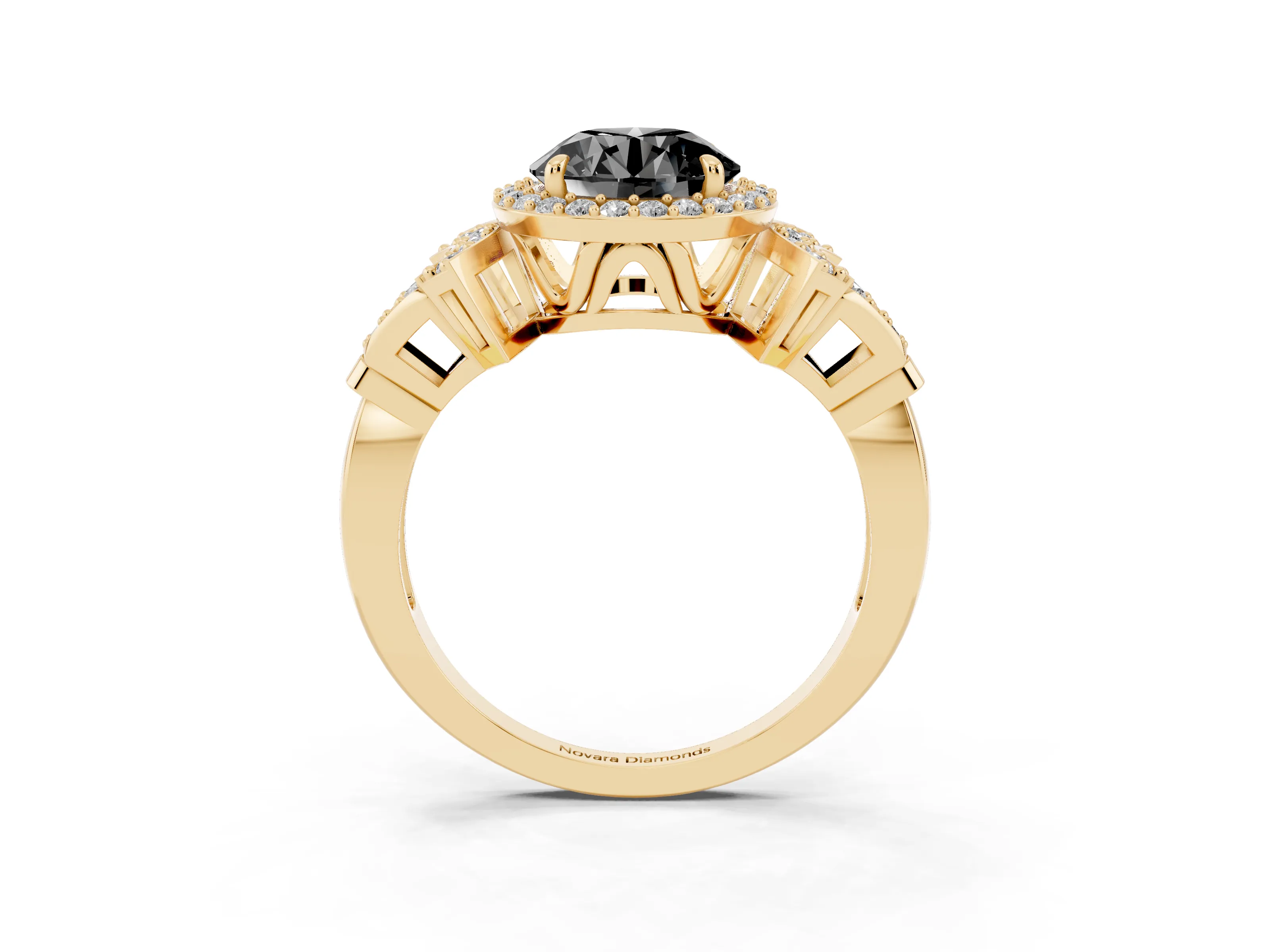 Fancy Black Round Cut Diamond Halo Engagement Ring Set in Yellow gold with Accent Stone Split Shank