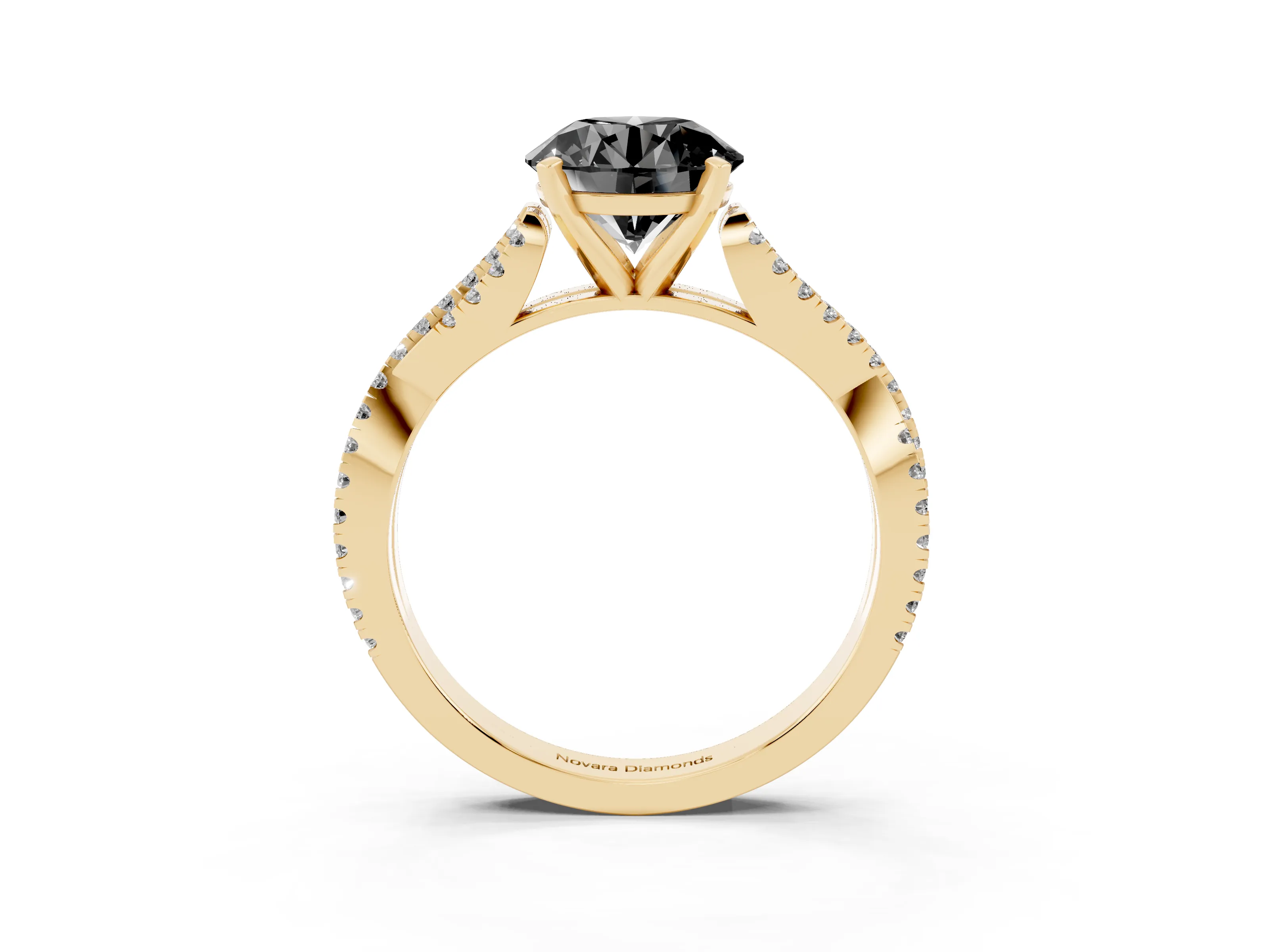 Fancy Black Round Cut Diamond Solitaire Engagement Ring Set in Yellow gold with Twisted Pavé Band and Prong Setting