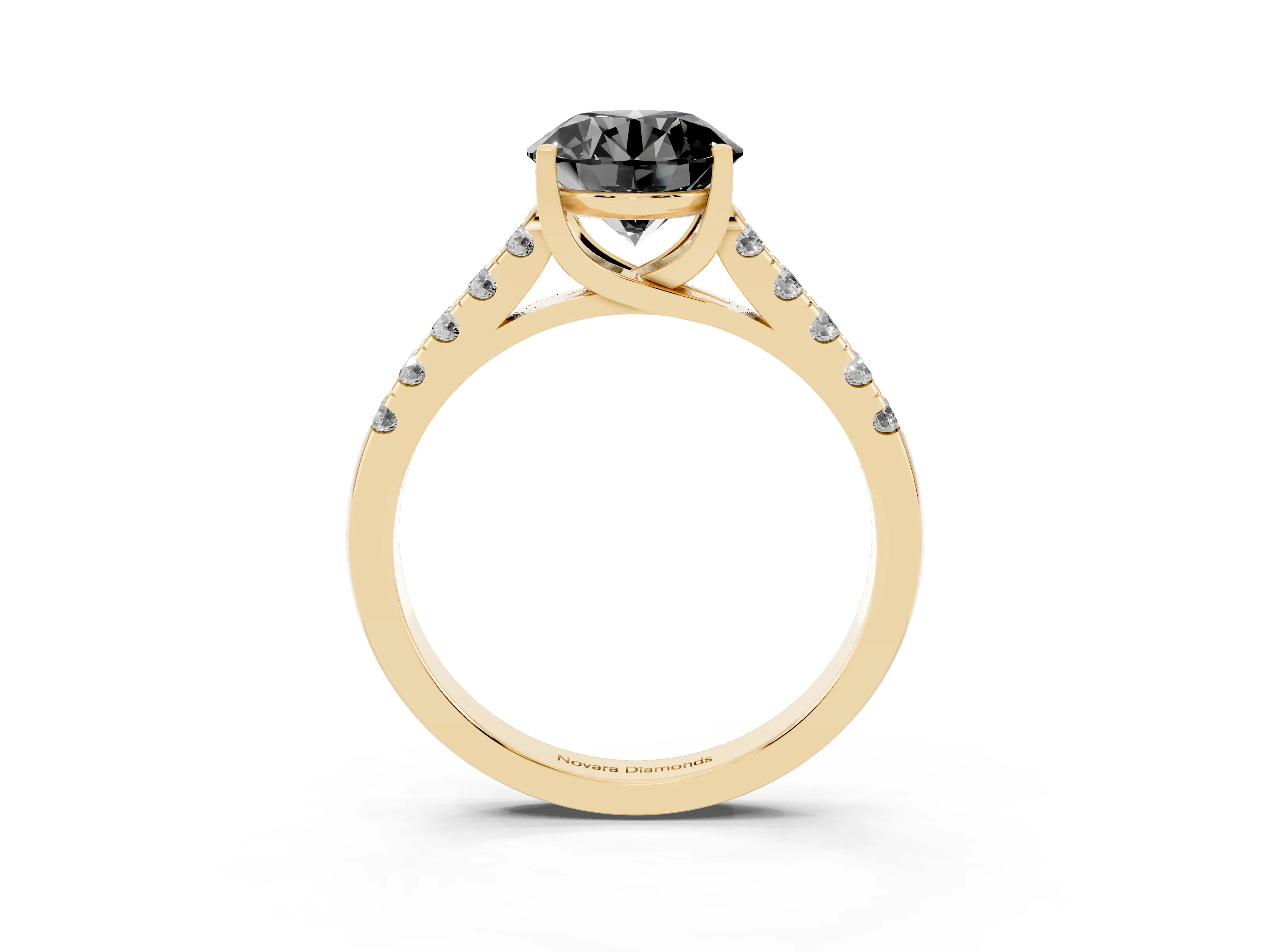 Fancy Black Round Cut Diamond Pavé Band Solitaire Ring Set in Yellow gold with Partway Accent Stones and Prong Setting