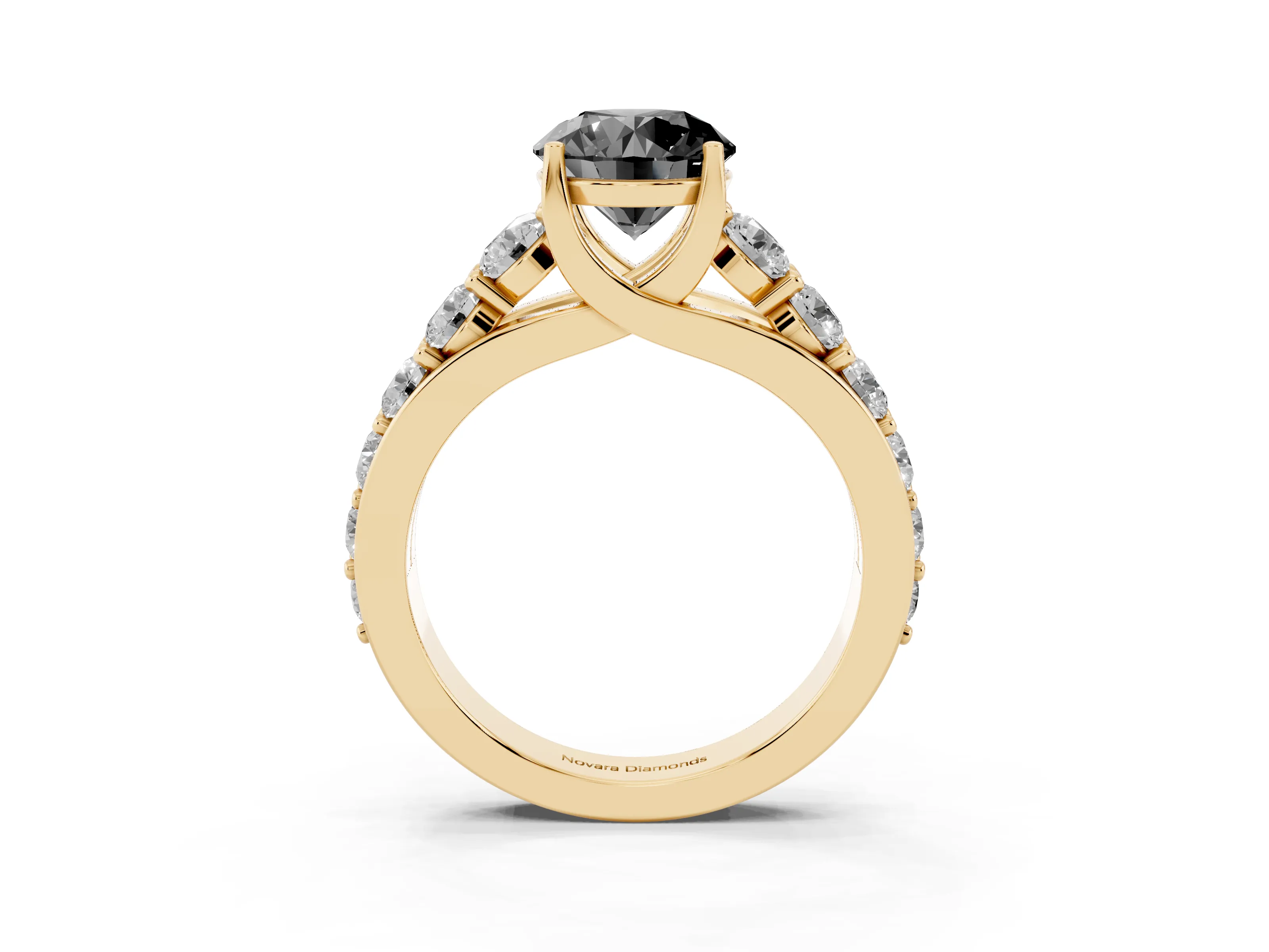 Fancy Black Round Cut Diamond Pavé Engagement Ring Set in Yellow gold with Prong Setting