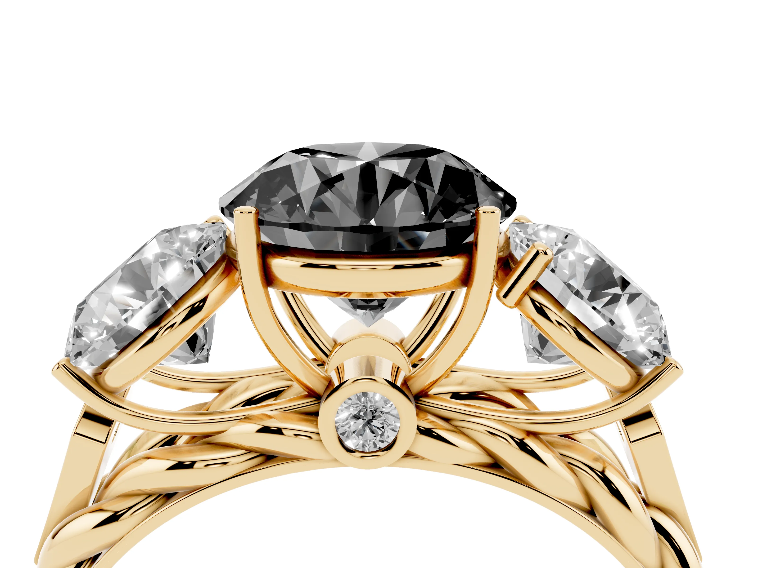Fancy Black Round Cut Diamond Three-Stone Ring Set in Yellow gold with Braided Band