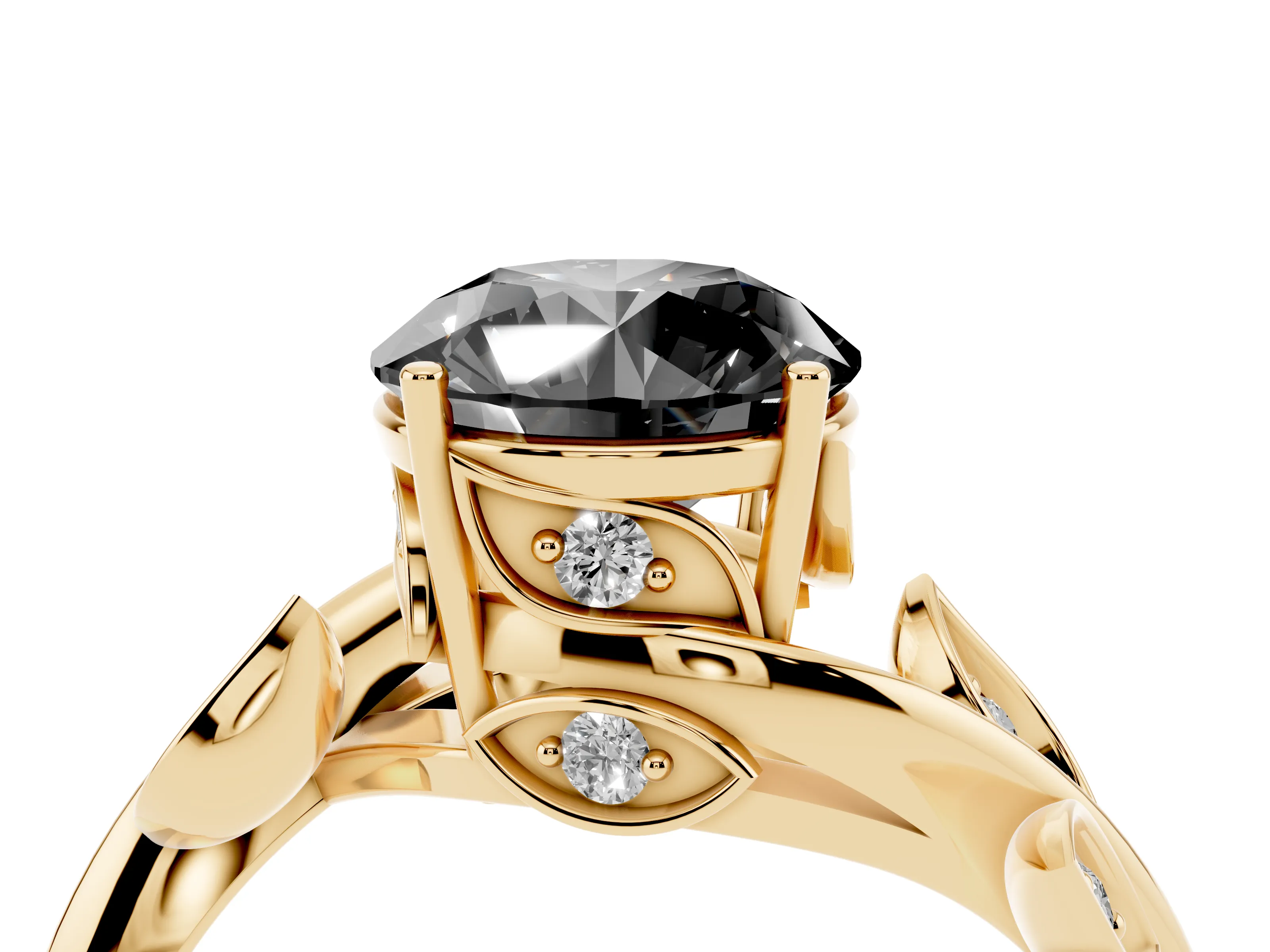 Fancy Black Round Cut Diamond Solitaire Twist Engagement Ring Set in Yellow gold with Pavé Leaf Accents