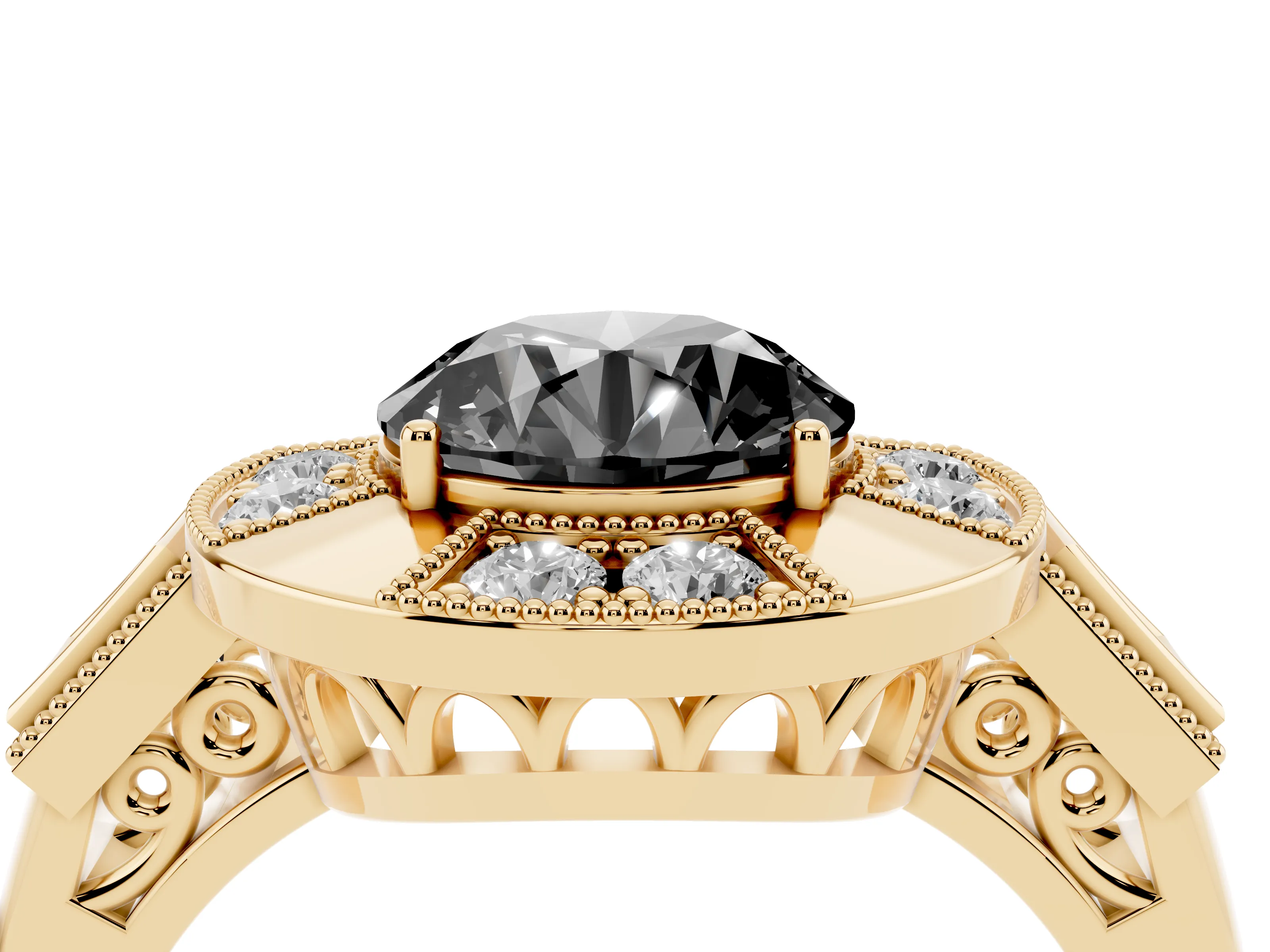 Fancy Black Round Cut Diamond Milgrain Halo Ring Set in Yellow gold with Split Shank