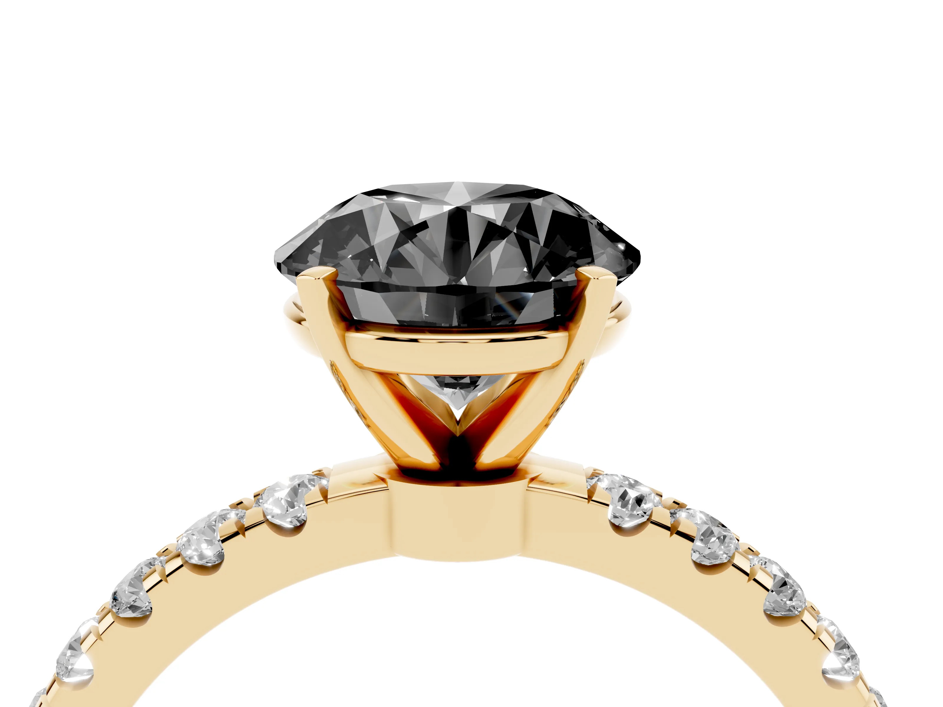 Fancy Black Round Cut Diamond Solitaire Ring Set in Yellow gold with Pavé Accents and Prong Setting