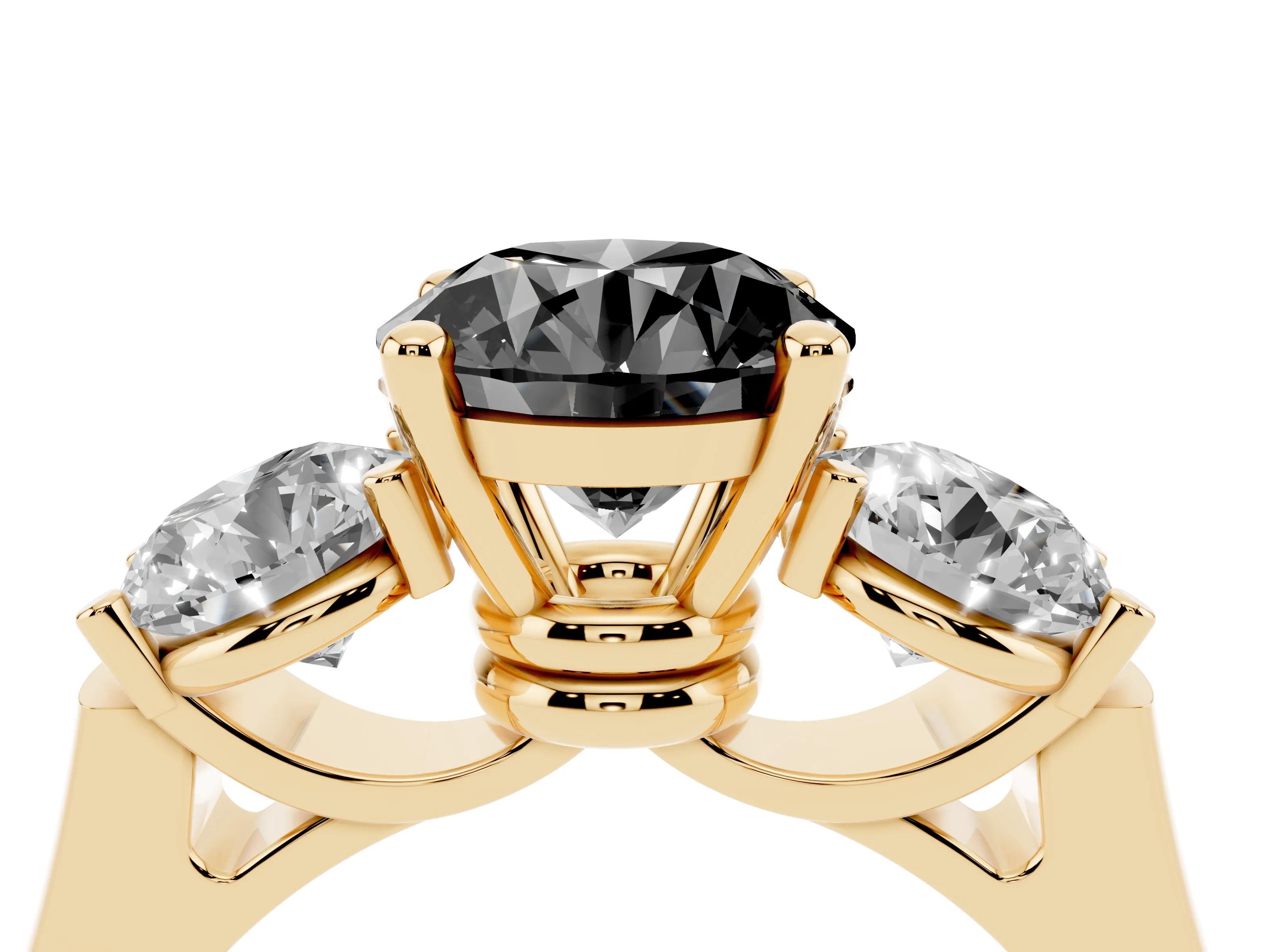 Fancy Black Round Cut Diamond Three-Stone Trellis Ring Set in Yellow gold with Comfort Fit Band